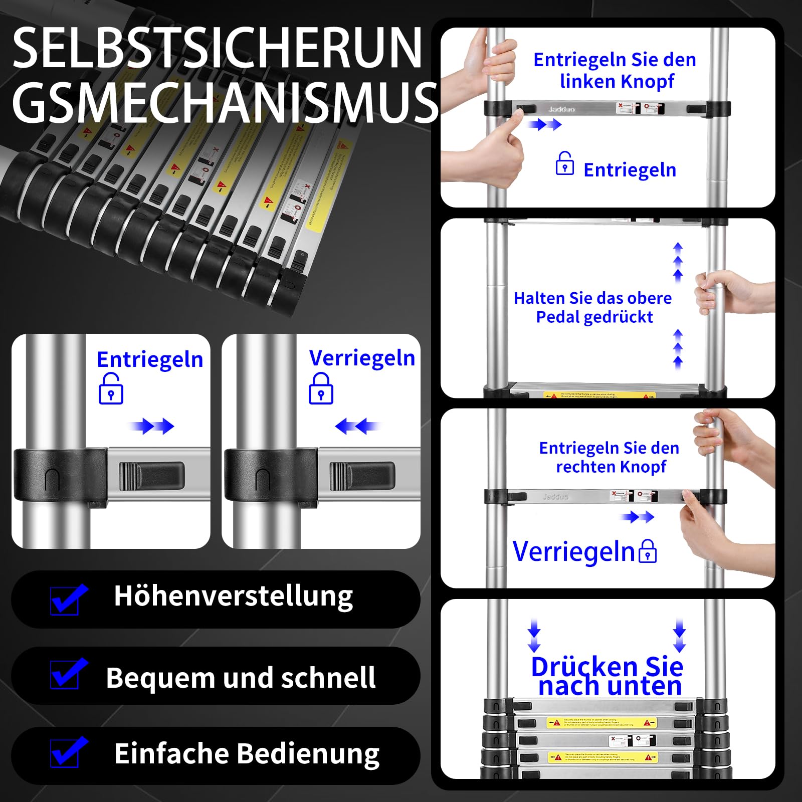 JADDUO 6,5 m Teleskopleiter Aluminium Leichtbau-Ausziehleiter mit 2 Dreieckstabilisatoren Zusammenklappbare Dachboden- und Wohnmobil-Reiseleiter für Zuhause und Outdoor