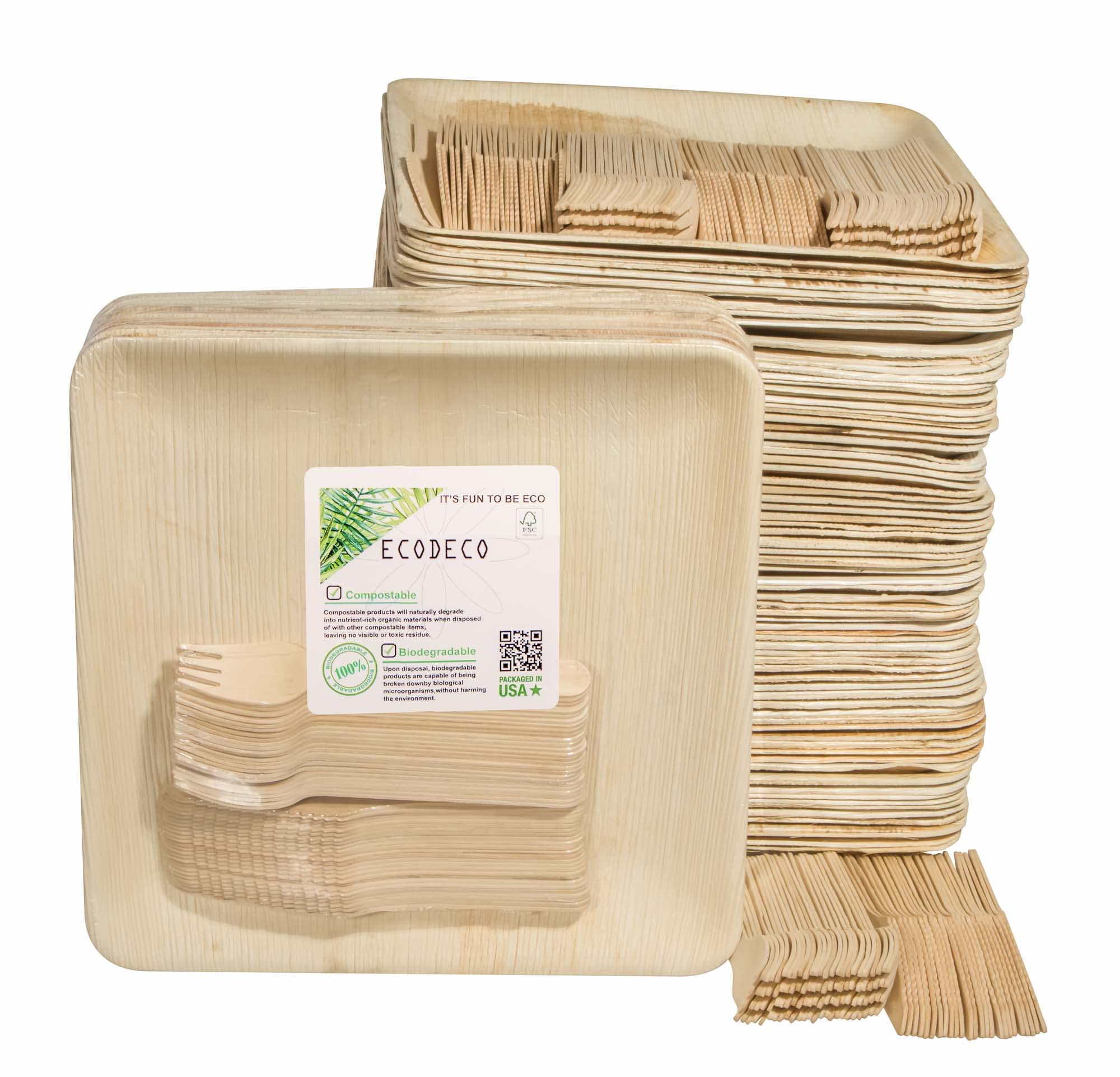 ECODECO 100 Palm Leaf 10" Disposable Plates, 100 Wood Forks, 100 Wood Knives - Compostable Eco Friendly Party Supplies Set