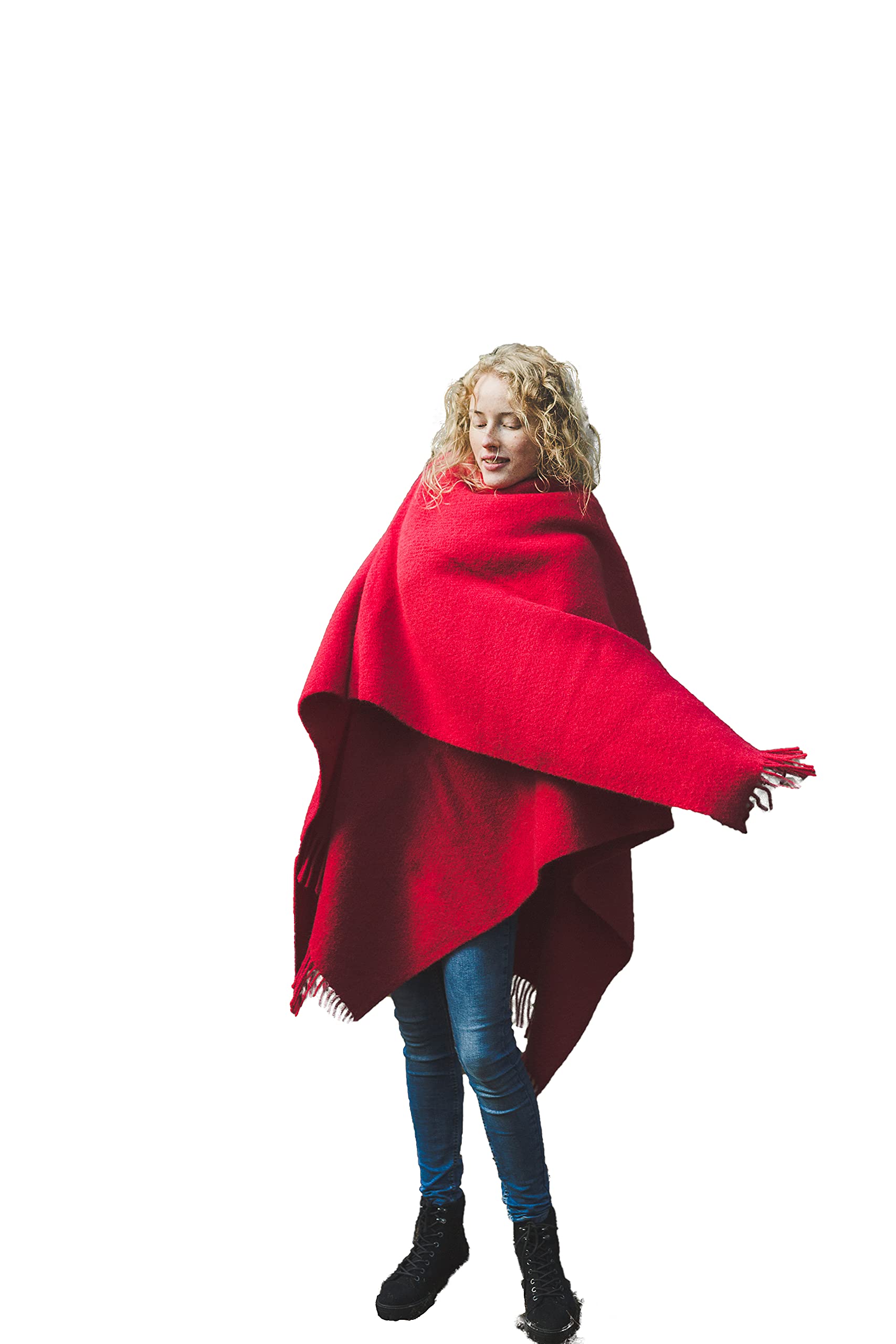 Bufanda para mujer, 100 % lana de Nueva Zelanda, poncho, estola y paño para cubrir – para mujeres – 130 x 170 cm con flecos, rojo,