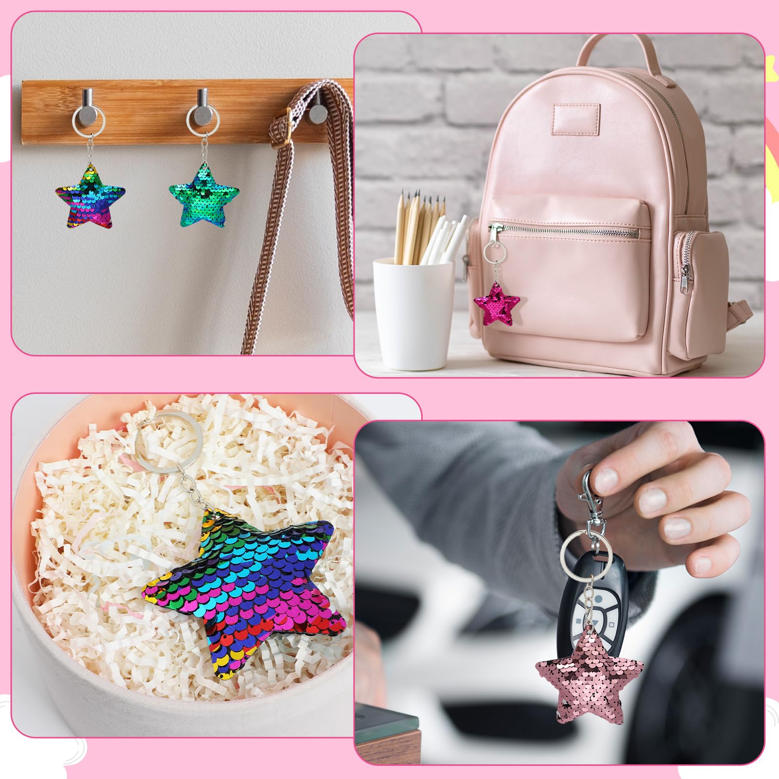 Set Of 4 Glitter Sequins Keychains - Star & Cat Charm Bag Charms, Alloy Metal Key Rings