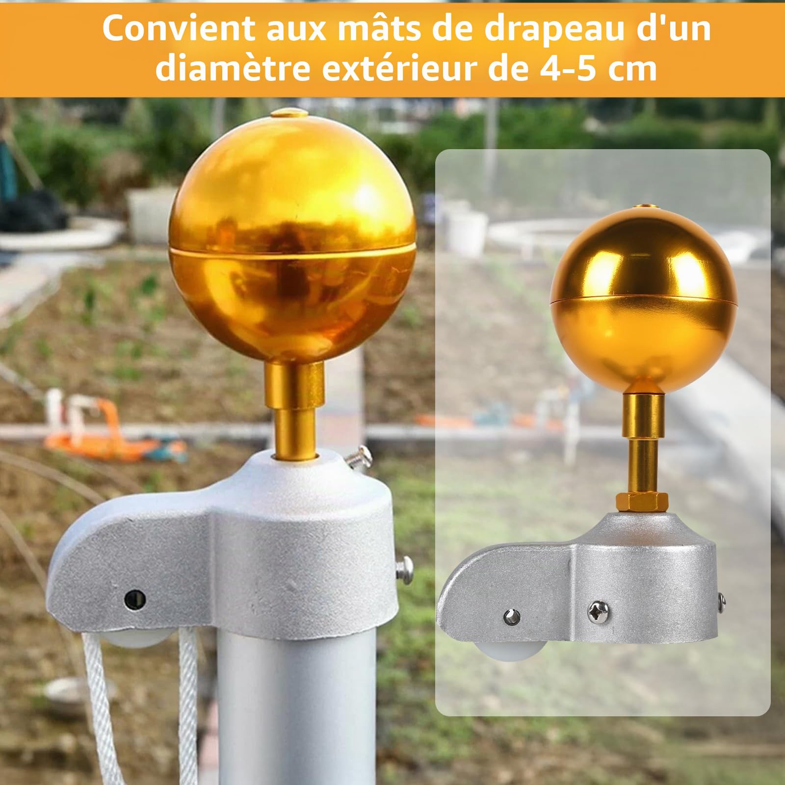 DBREAKS Kit D'accessoires pour Mât de Drapeau, Kit de Pièces de Réparation avec Pointe de Boule Dorée, Ø 5,1 cm Topper avec Poulie, Corde en Nylon de 15 m, Mousqueton, Taquet, pour Déco Maison, Doré