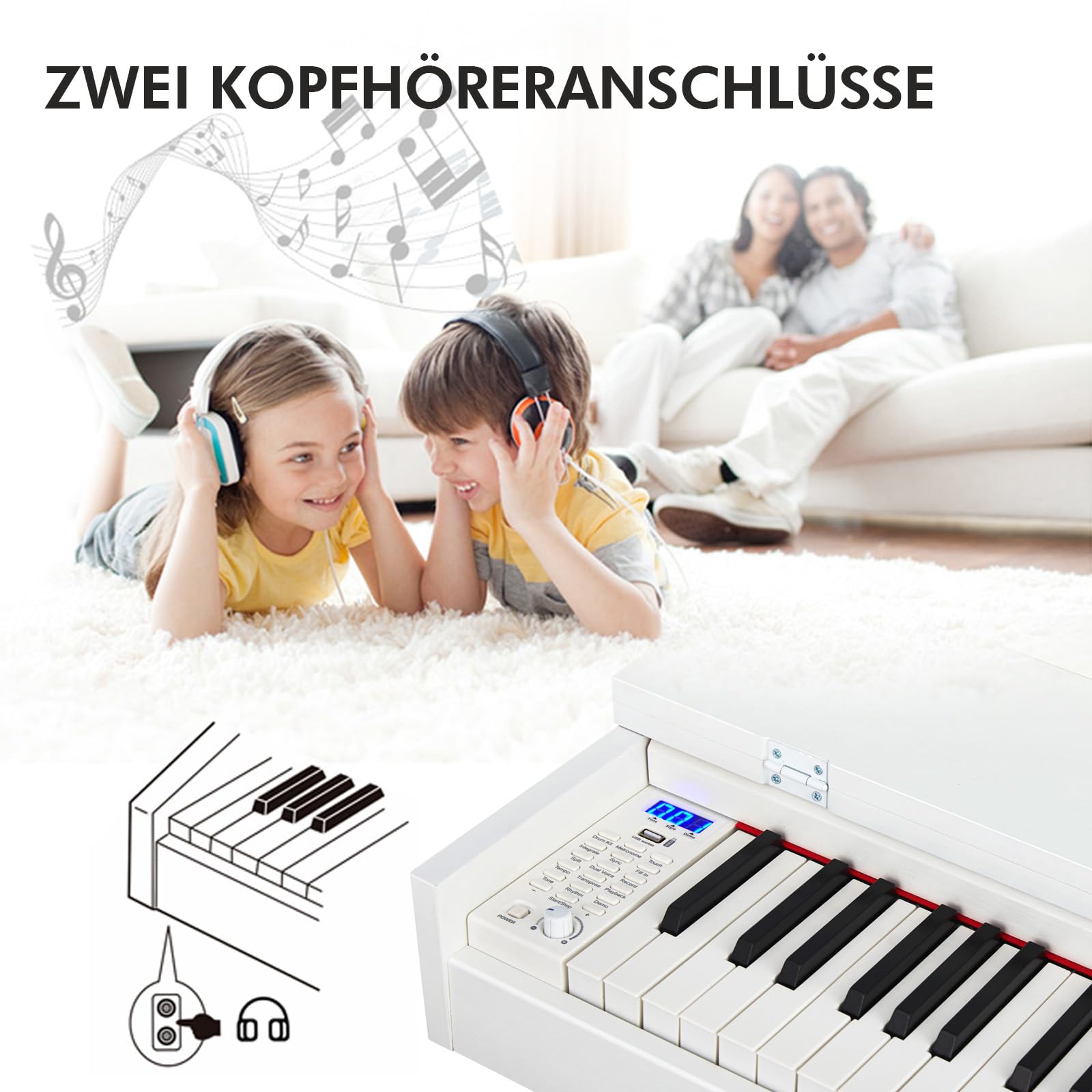 MUSTAR Digital Piano 88 Tasten, E Piano weiß, Elektrisches Klavier mit Klavierständer, 3 Pedale Adapter, 2 Kopfhöreranschluss, LCD-Bildschirm, USB/MIDI, Piano für Anfänger
