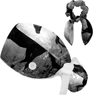 FVQL 2 Pieces Surgical Cap for Long Hair Scrub Cap with Hairband Nurse Cap, Autumn Pattern Leaf Forest and Horse