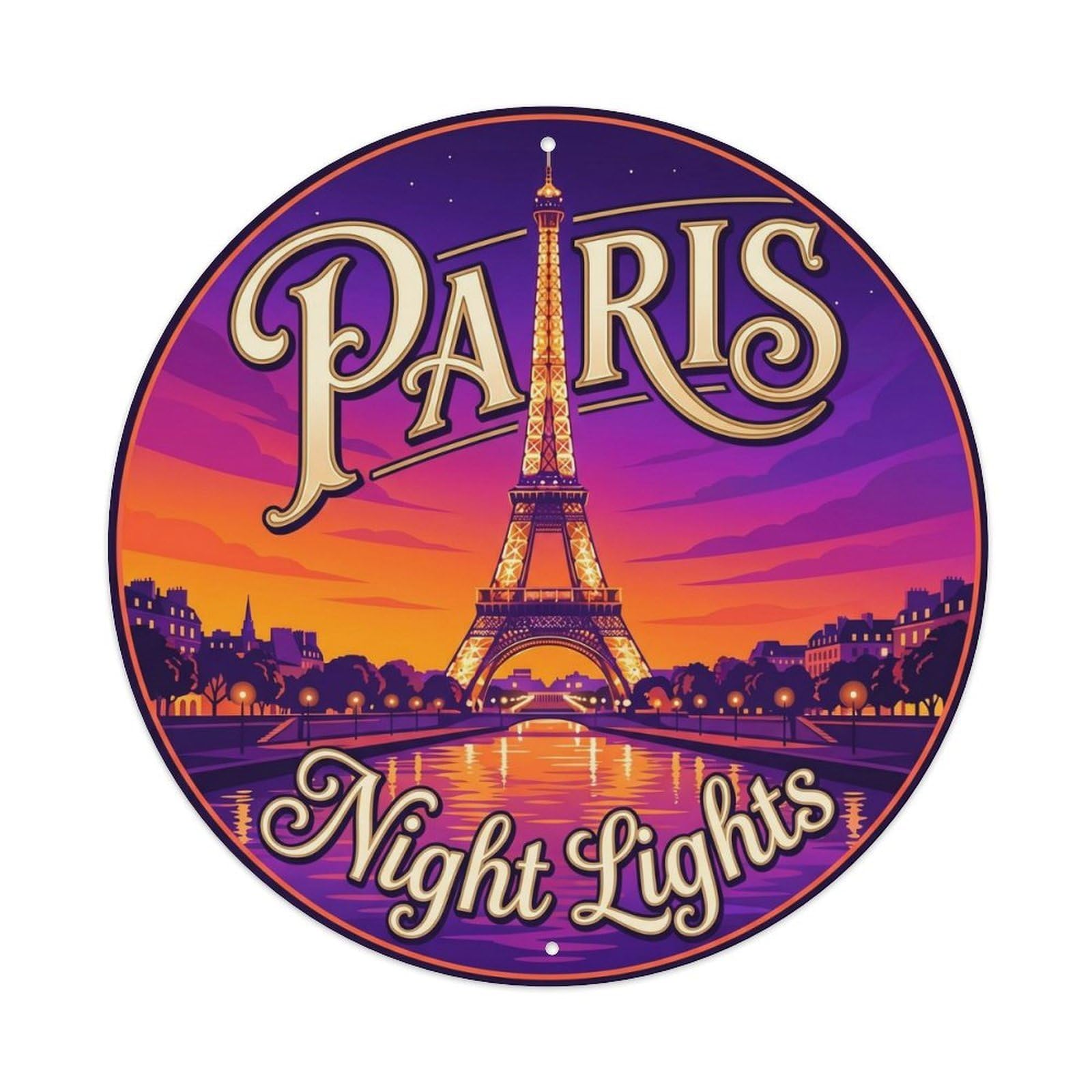 Vintage Travel Eiffel Tower Night Metal Tin Sign Plaque Wall Decor for Cafe, Club, Garden Round Metal Poster 8x8Inch