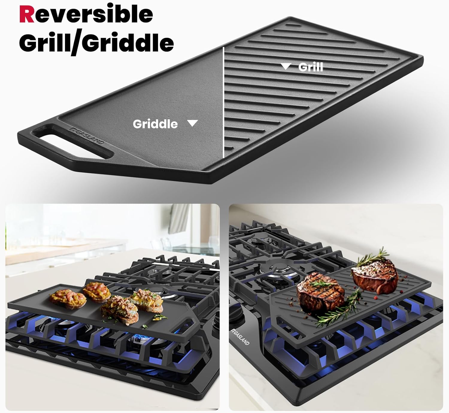 GASLAND 36 Inch Gas Cooktop with Griddle Black, 5FT Propane Regulator and Hose
