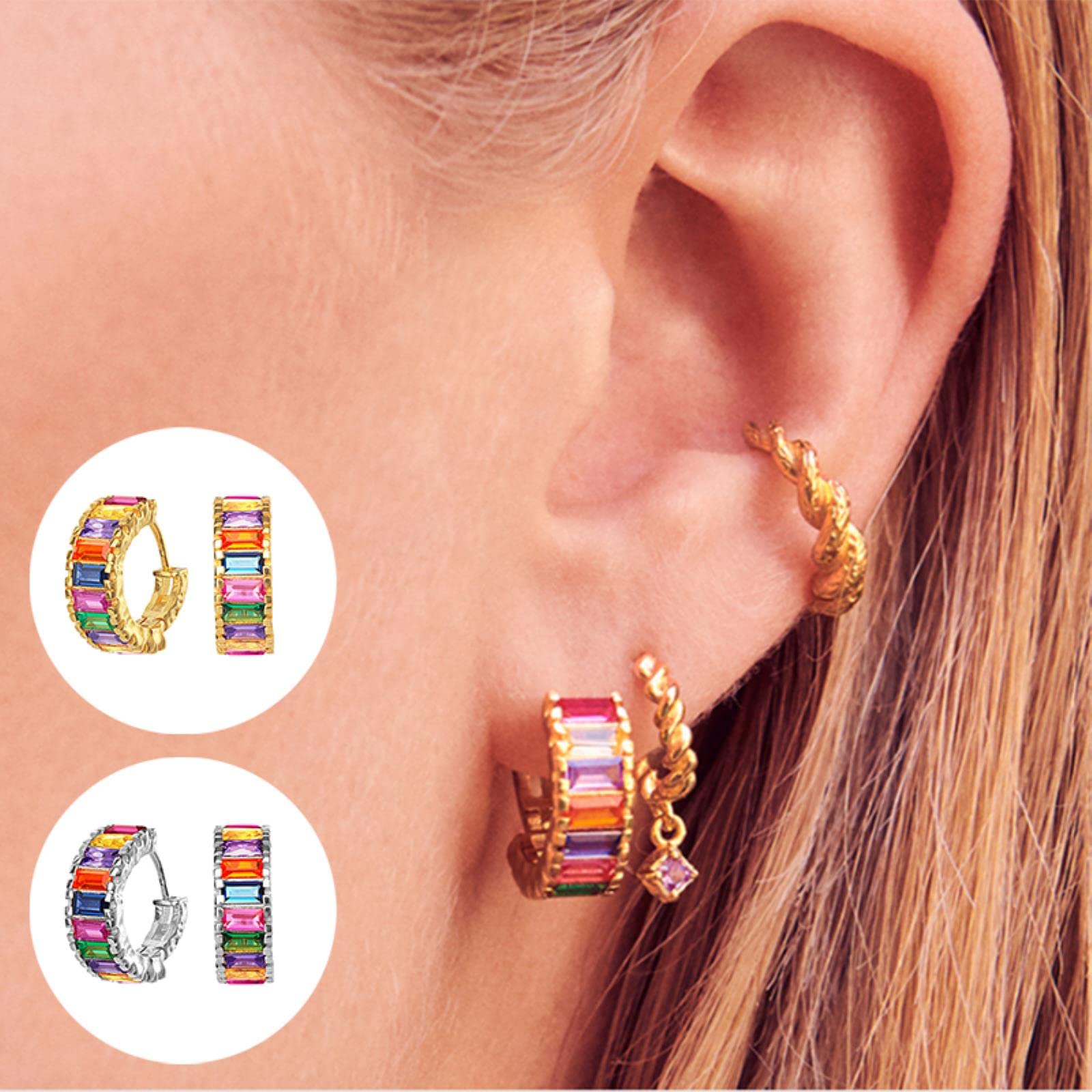 Orecchini A Cerchio Arcobaleno In Argento Sterling 925 - Foto 3