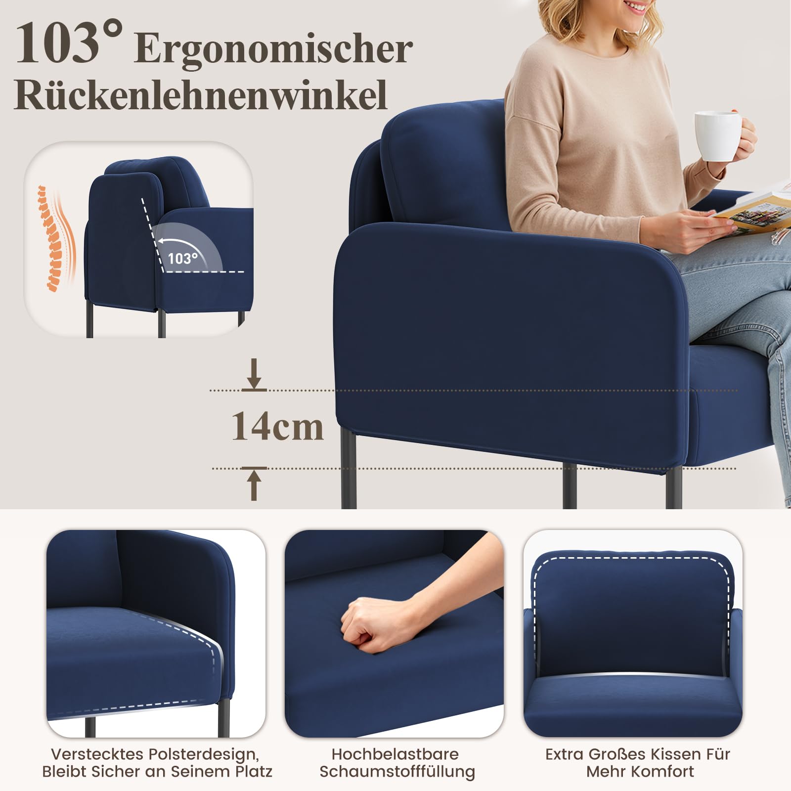 COLAMY Sillón de Terciopelo Acolchado para los oídos – Sillón Moderno con Respaldo Suave, cómodo sillón para salón, Dormitorio, apartamento y rincón de Lectura, Color Azul