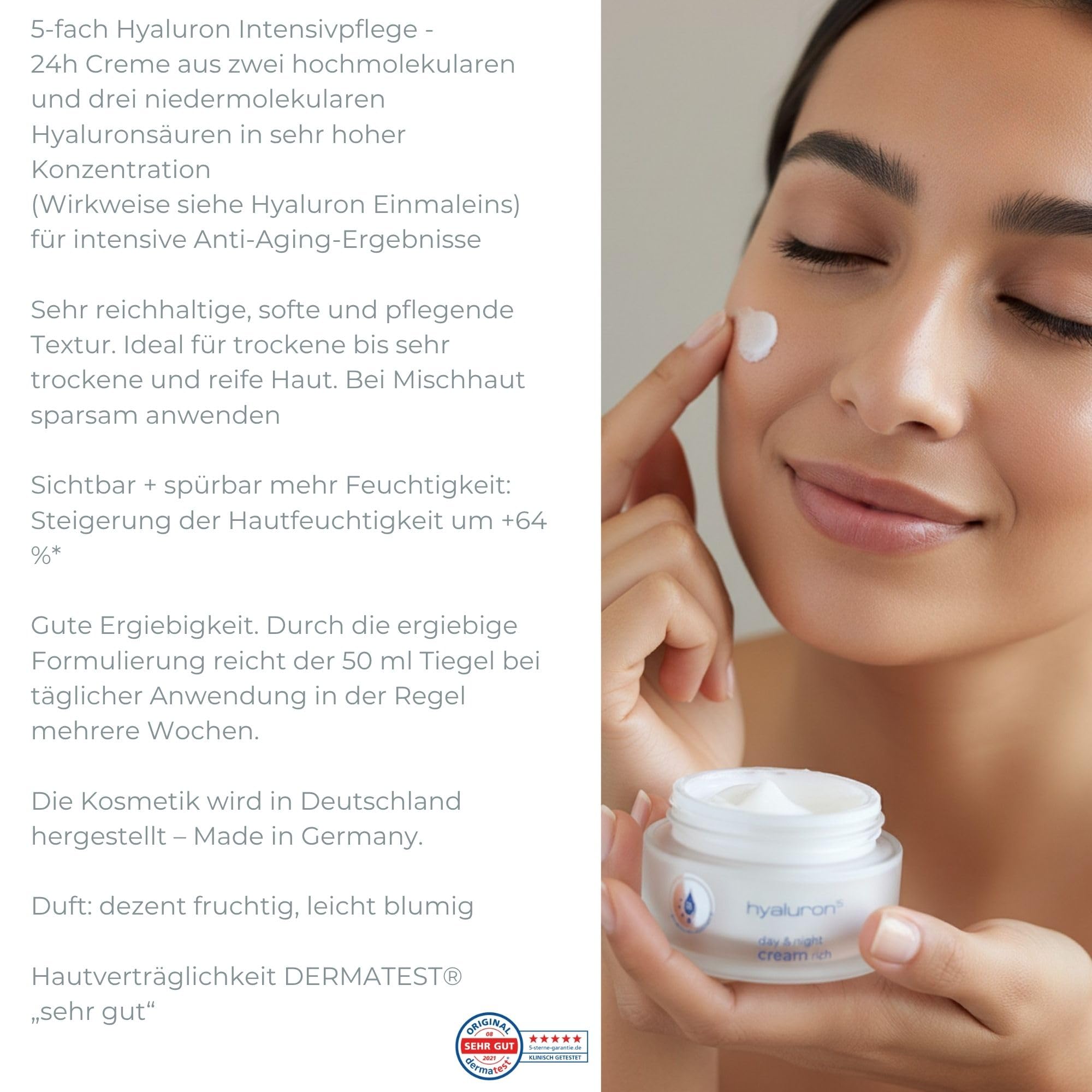 WELLMAXX® hyaluron⁵ day & night cream rich l Hyaluron Gesichtscreme l intensive Feuchtigkeitspflege für trockene & reife Haut l Anti Aging Pflege mit 5-fach Hyaluron l Made in Germany l 50 ml