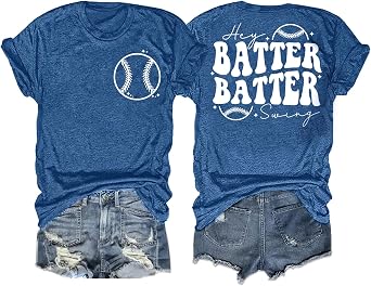 LAZYCHILD Baseball Mom Shirt for Women Hey Batter Batter Swing T-Shirt Funny Game Day Short Sleeve Tops