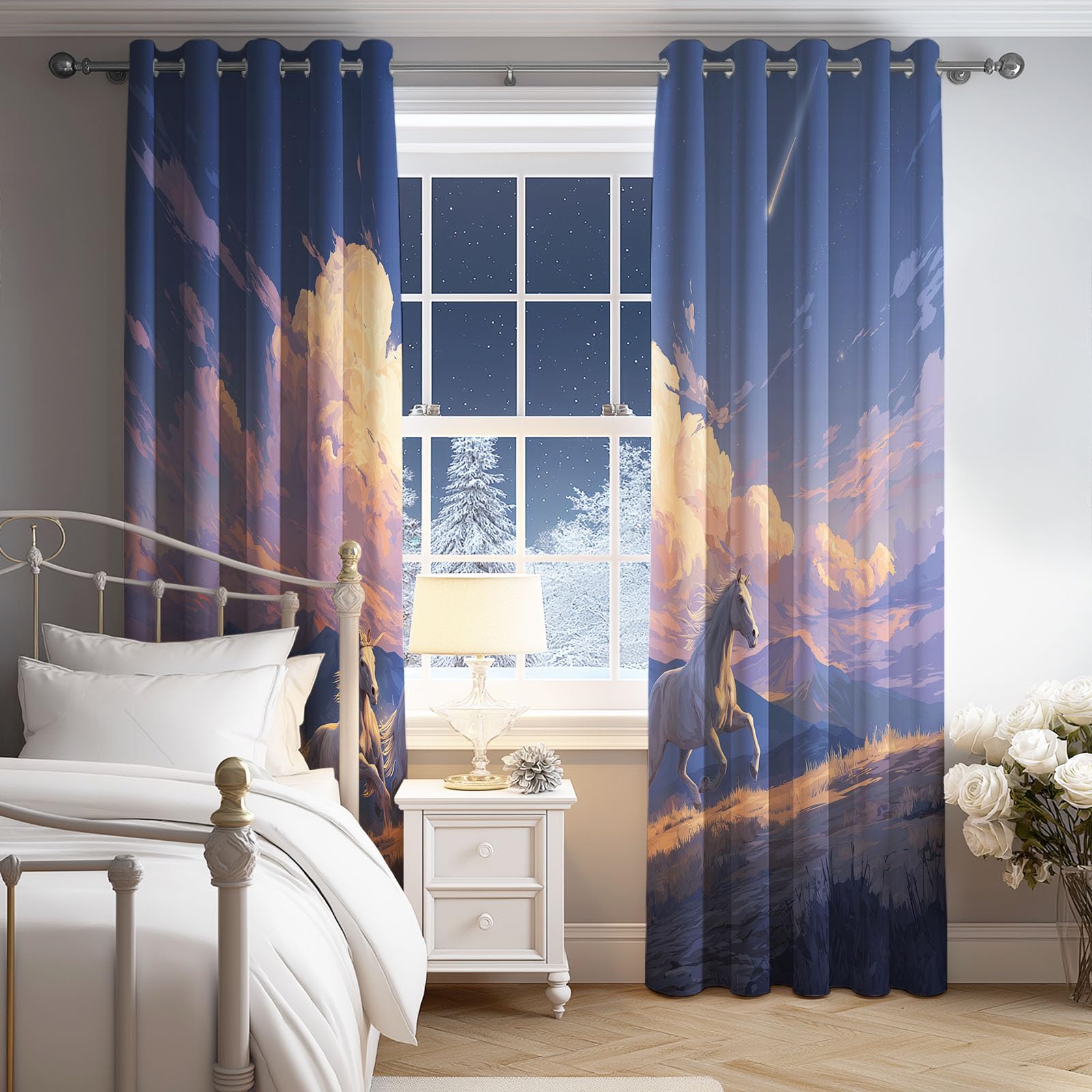 Générique Rideaux Occultants à Motif Cartoon Fille, Lot de 2 Rideaux Isolant Thermique à Oeillets, Romantique Licorne Rideau Doux pour Salon Chambre, 140L x 1060H CM