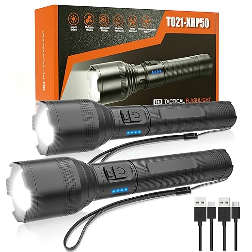 Gearmatte LED Flashlights High Lumens,Super Bright Tactical Flashlight Rechargeable with Battery,5Modes,Waterproof Handheld Flashlights for Emergency Camping Outdoor,2Pack, Black, GE021-2PACK