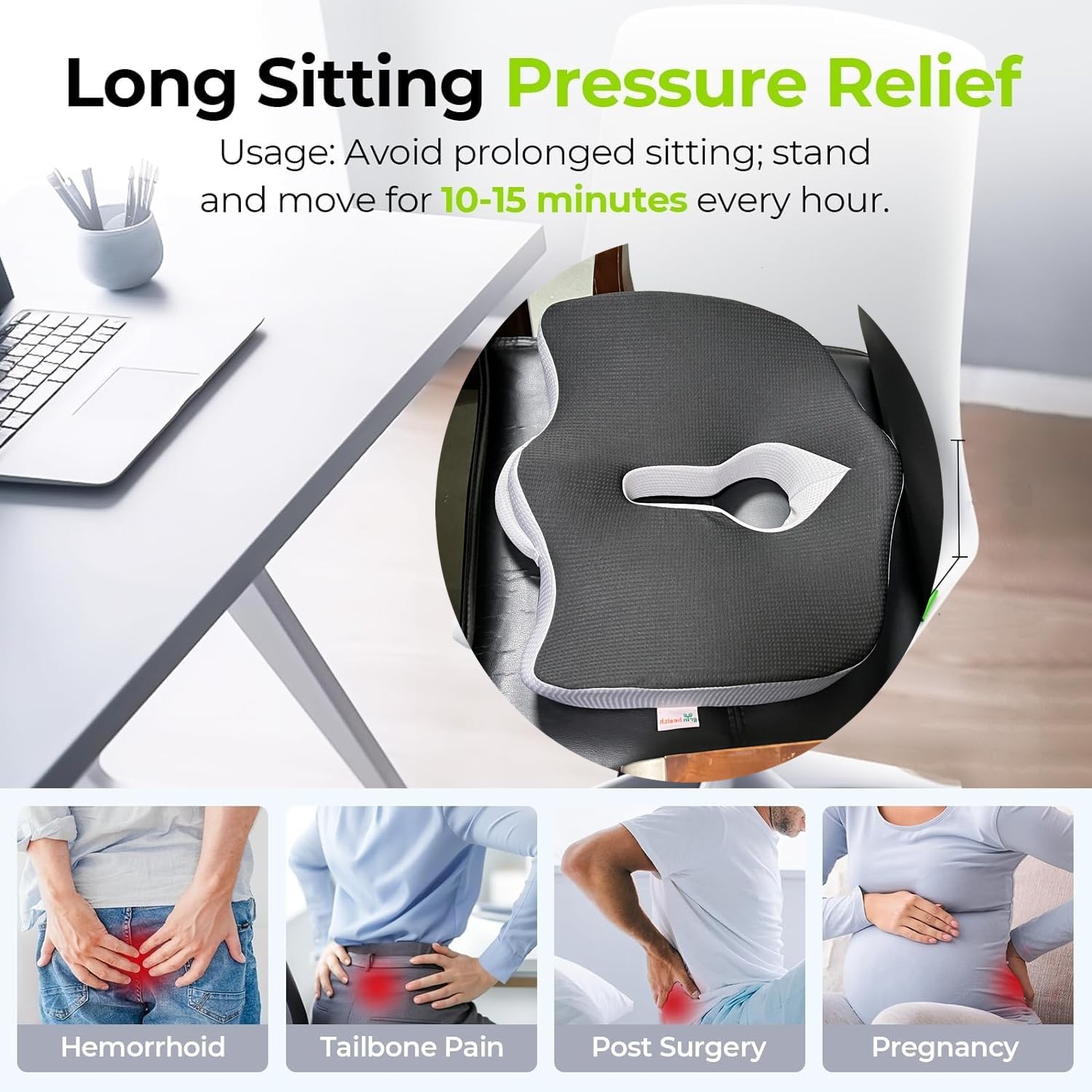 Grin Health CoccyxPlus Seat Cushion Memory Foam Piles Seat Cushion for Pain Relief from Hemorrhoids & Fistula, Lower Back Ergonomic Cushion for Sitting Office Chair Home Car Seat Up to 70 Kg BLK/Grey - Image 2 thumbnail