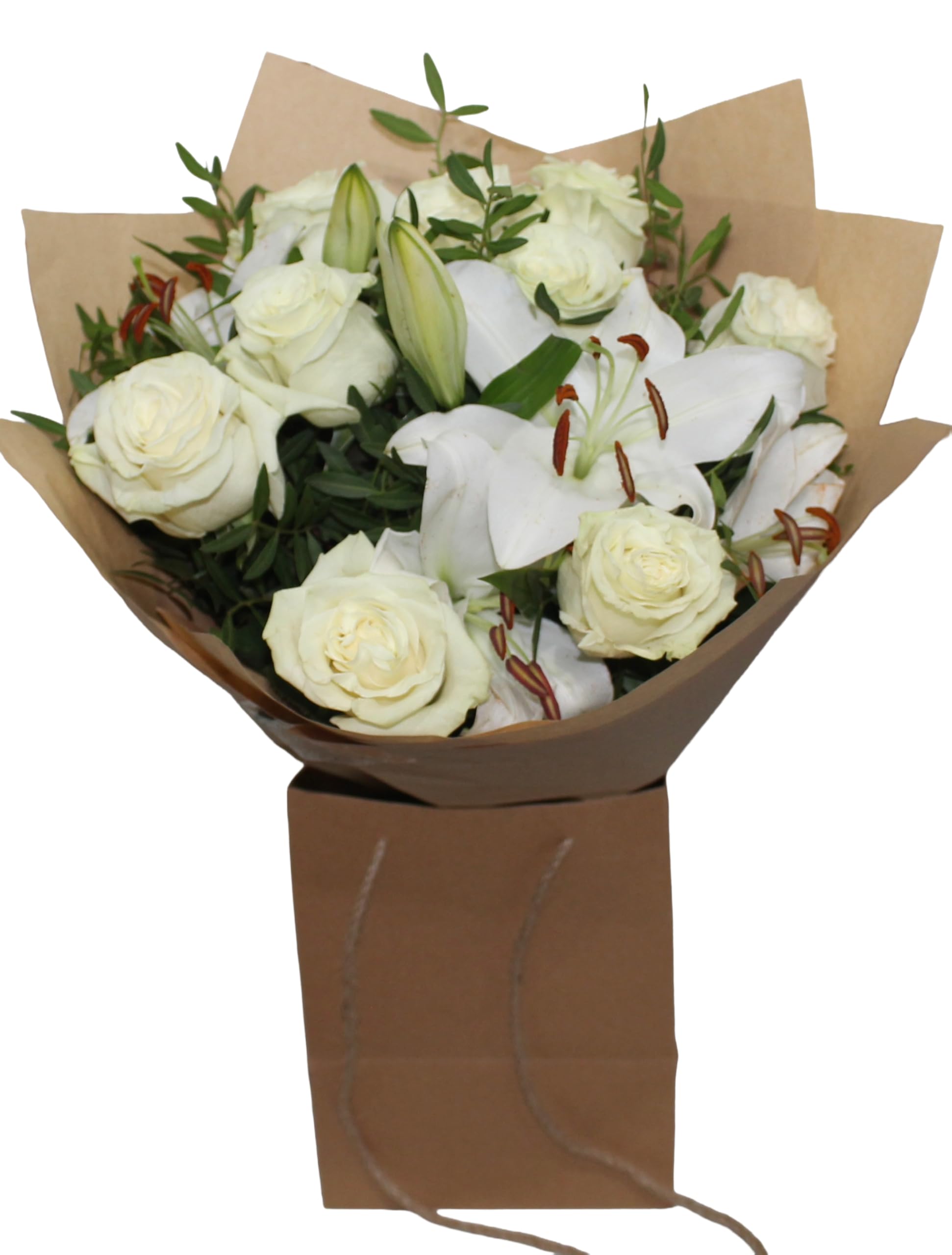 White Roses & Lily Bouquet,Fresh Flowers Bouquet - Hand-Tied White & Roses, Lily & Foliage | Birthday, Mother's Day, Get Well, Thank You | UK Delivery (Standard)