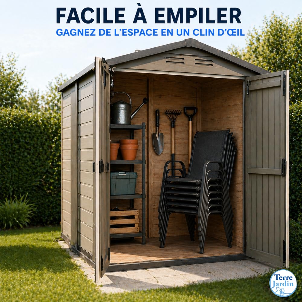 TERRE JARDIN Lot de 4 Chaises de Jardin Textilène Gris - Fauteuils Extérieur Empilables avec Accoudoirs - Chaise de Jardin Résistante UV et Intempéries pour Terrasse, Balcon