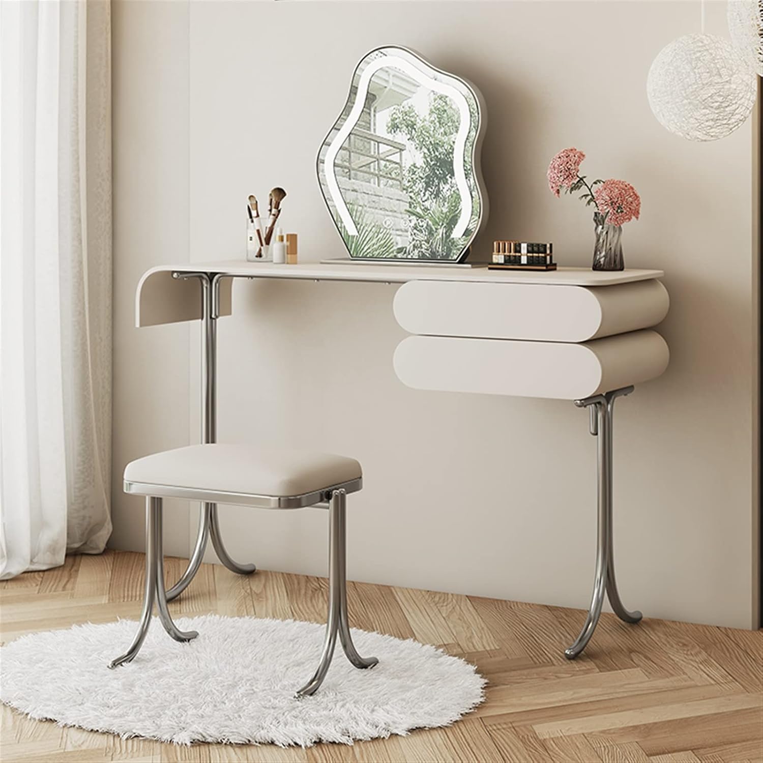 Vanity Dressing Table Set Luxury Makeup Bench with 3 Colors Led Hd Mirror,Comfortable Stool Drawers Cabinet,Modern Simple Style,for Girl's Gift (Size : 100CM) ()