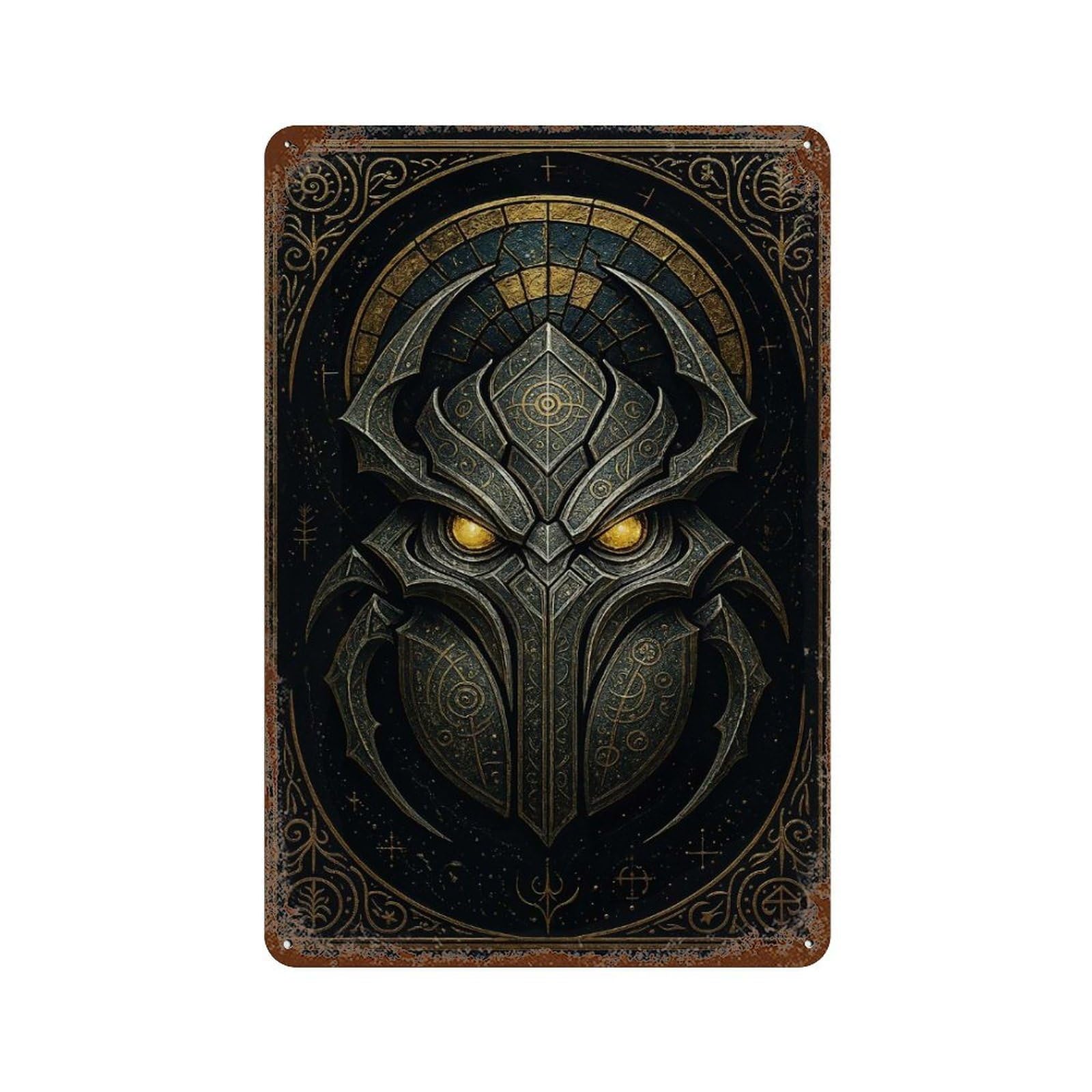 Rusty Metal Tin Sign with Mythic Scarab – Gothic Steampunk Relic Poster Design 11.8"x7.9", for Shed, Workshop And Garage Wall Decor, Classic Wall Plaque