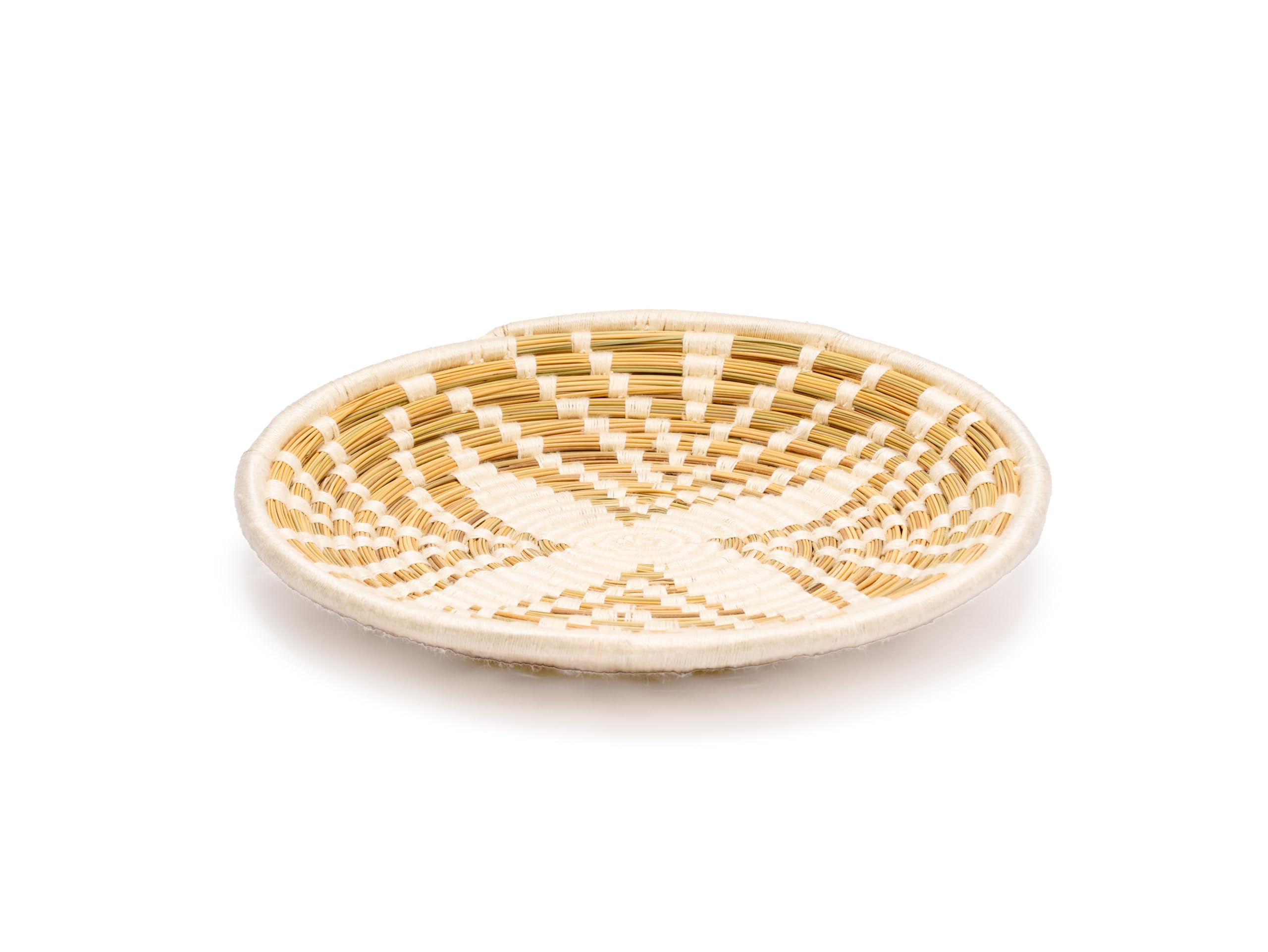Bandeja Decorativa Bereber, Diseño Floral Blanco, Tejida a Mano, Aprox.: 45 cm, Plato de Mimbre Marruecos. Adorno de Pared.
