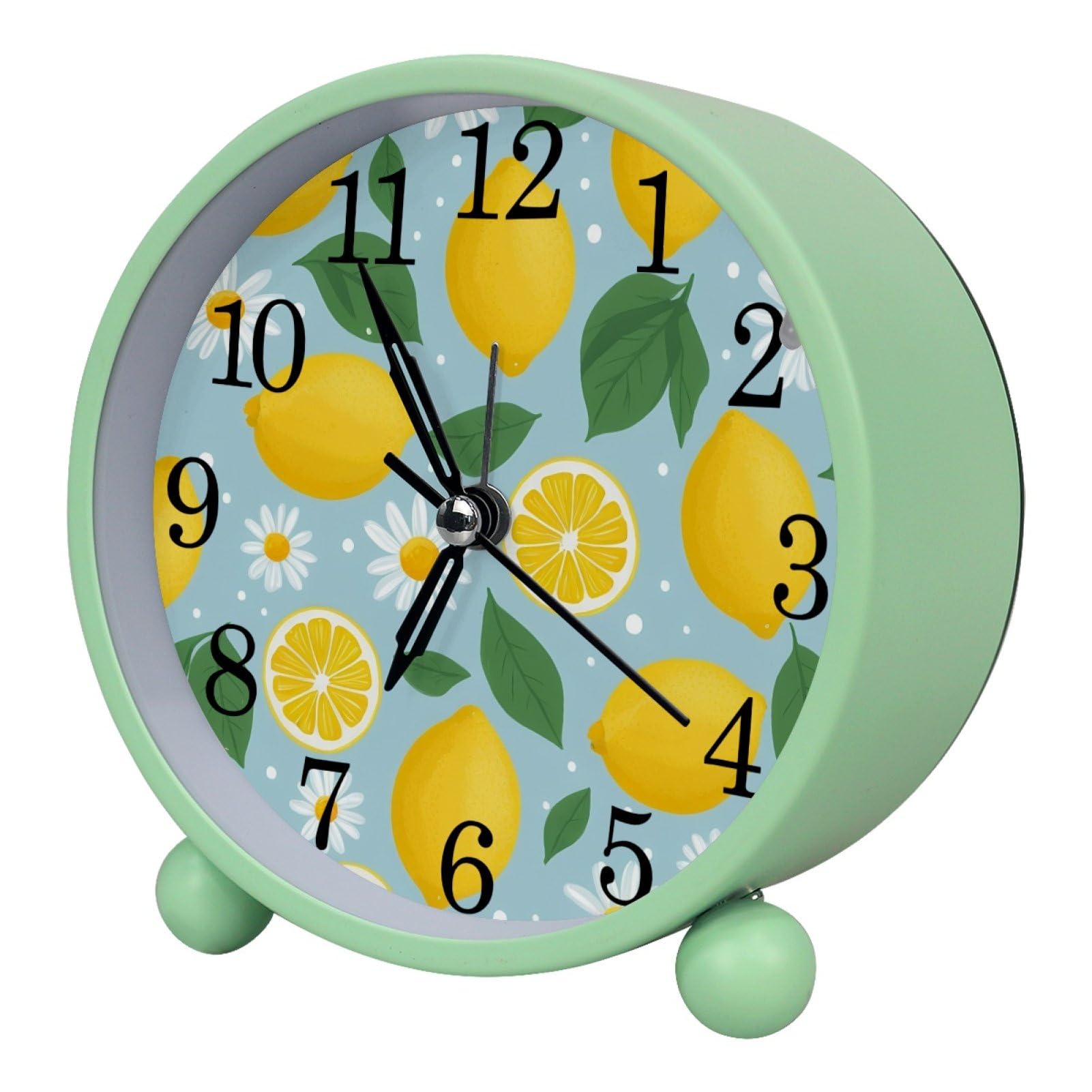 etoenbrc Lemon and Daisy Round Battery Operated Bedside Alarm Clock Non-Ticking Desktop Silent Analog Alarm Clock with Light