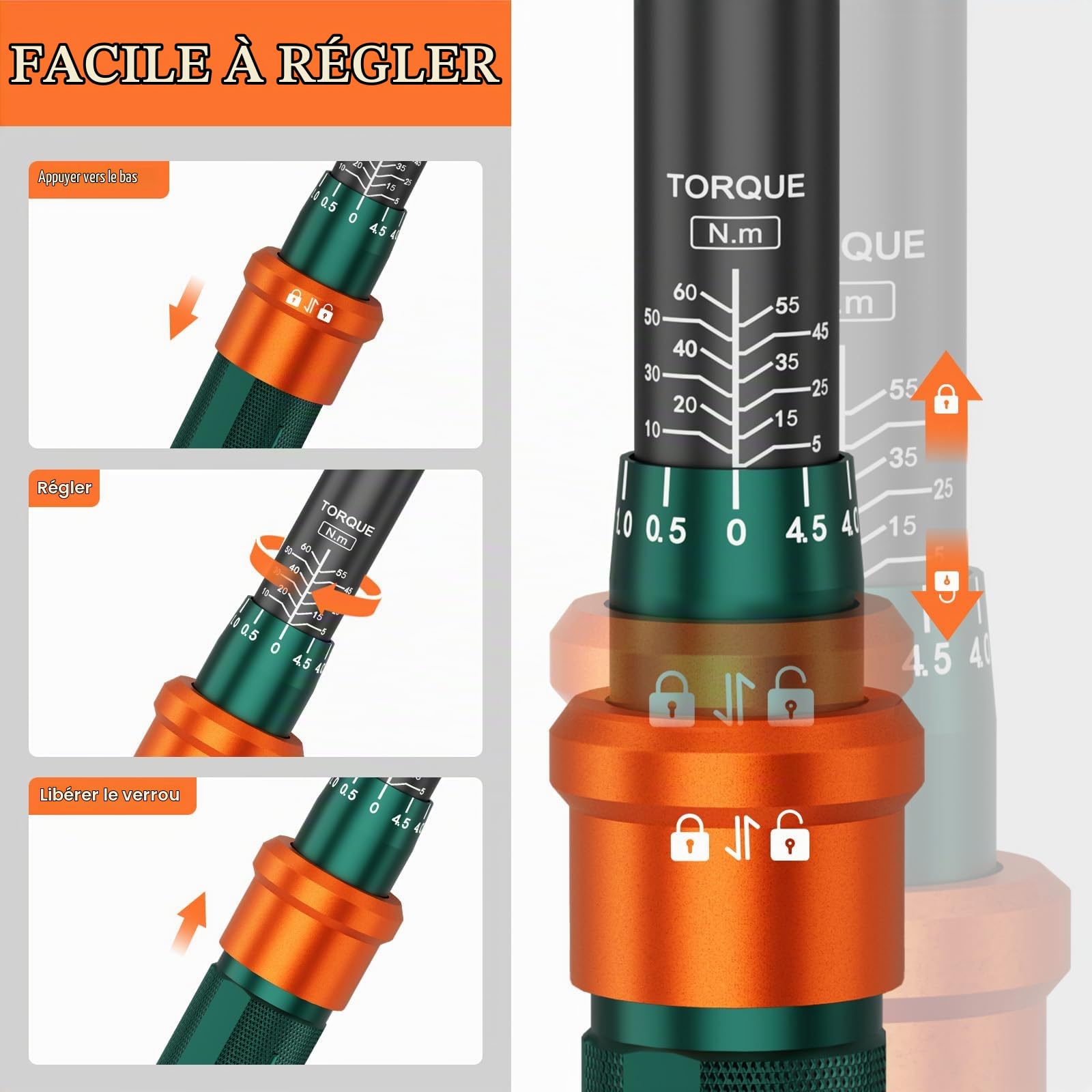 Clé Dynamométrique 3/8, 5-60Nm, 72 Dents Réversible, Précision ±3% | avec Barre D'extension 250mm, Douilles à Bougie, Cardan Universel, pour Vélo et Moto, Changement des Bougies Auto