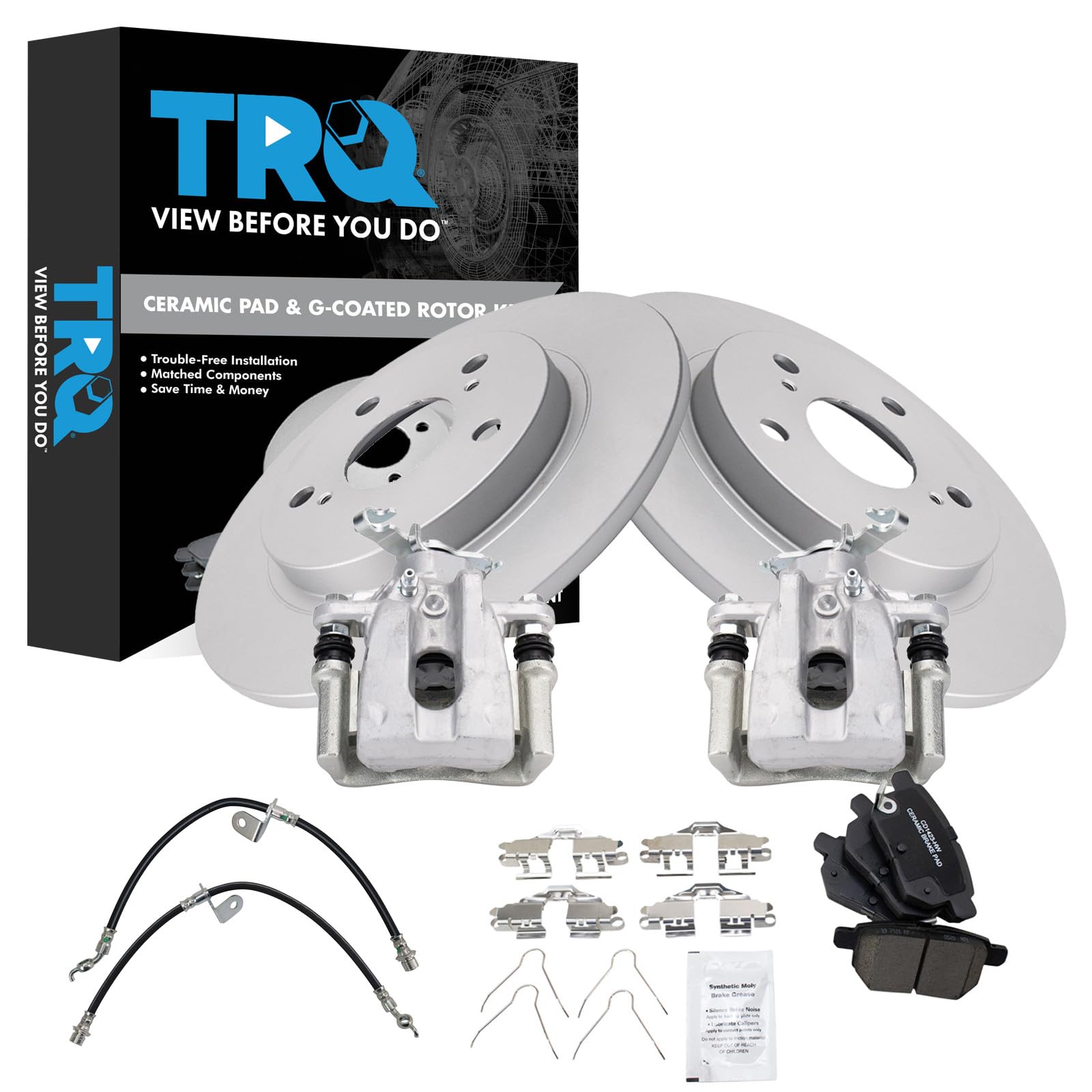 TRQ Rear Brake Pad and Rotor Set Ceramic Coated Rotors Calipers Compatible with 2009-2013 Toyota Matrix