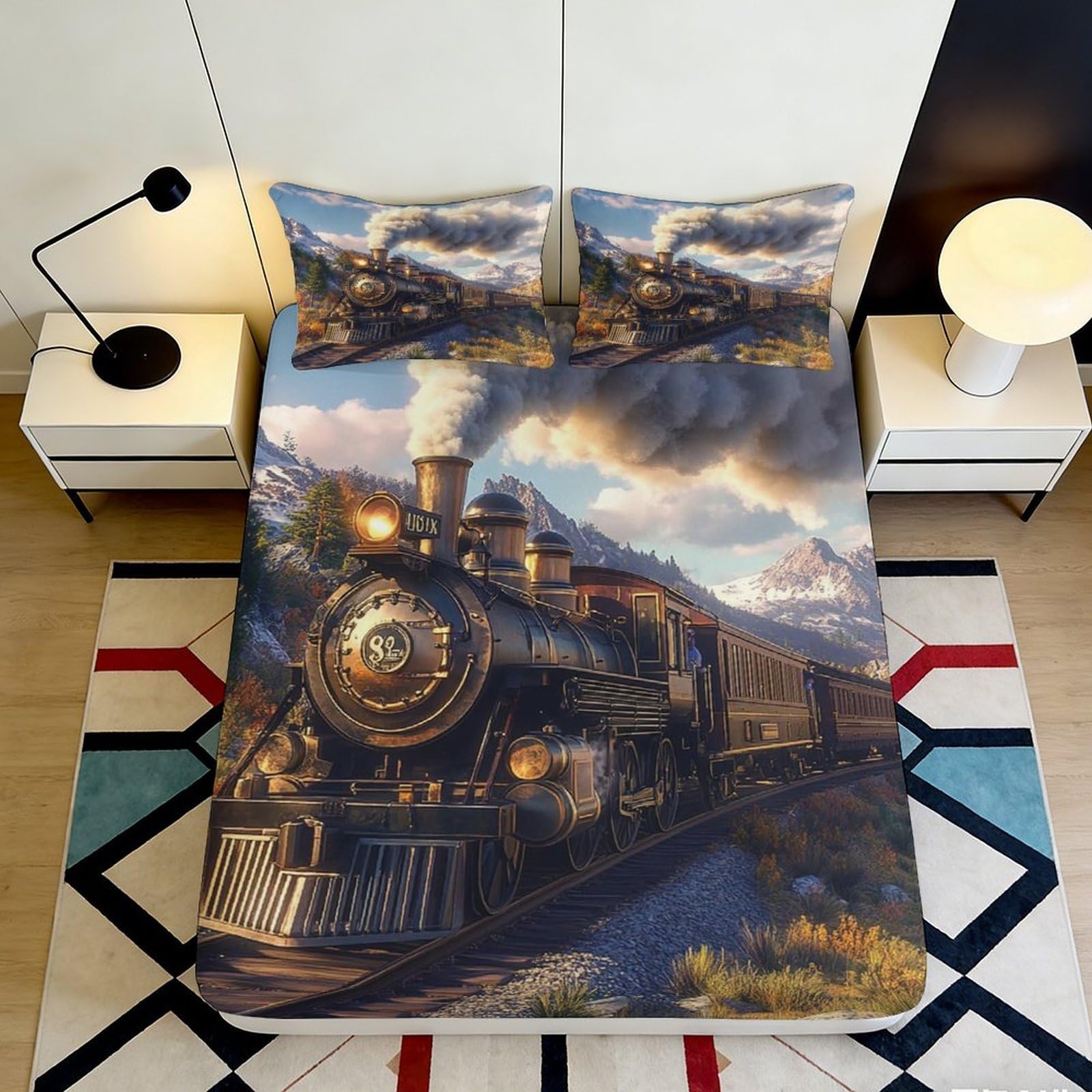 Pnayamiorkfel Style-9 3D Printed Vintage Steam Train Fitted Sheet Microfiber Bed Cover Railway Landscape Decor For Bedroom Guest Room 90X200x25cm