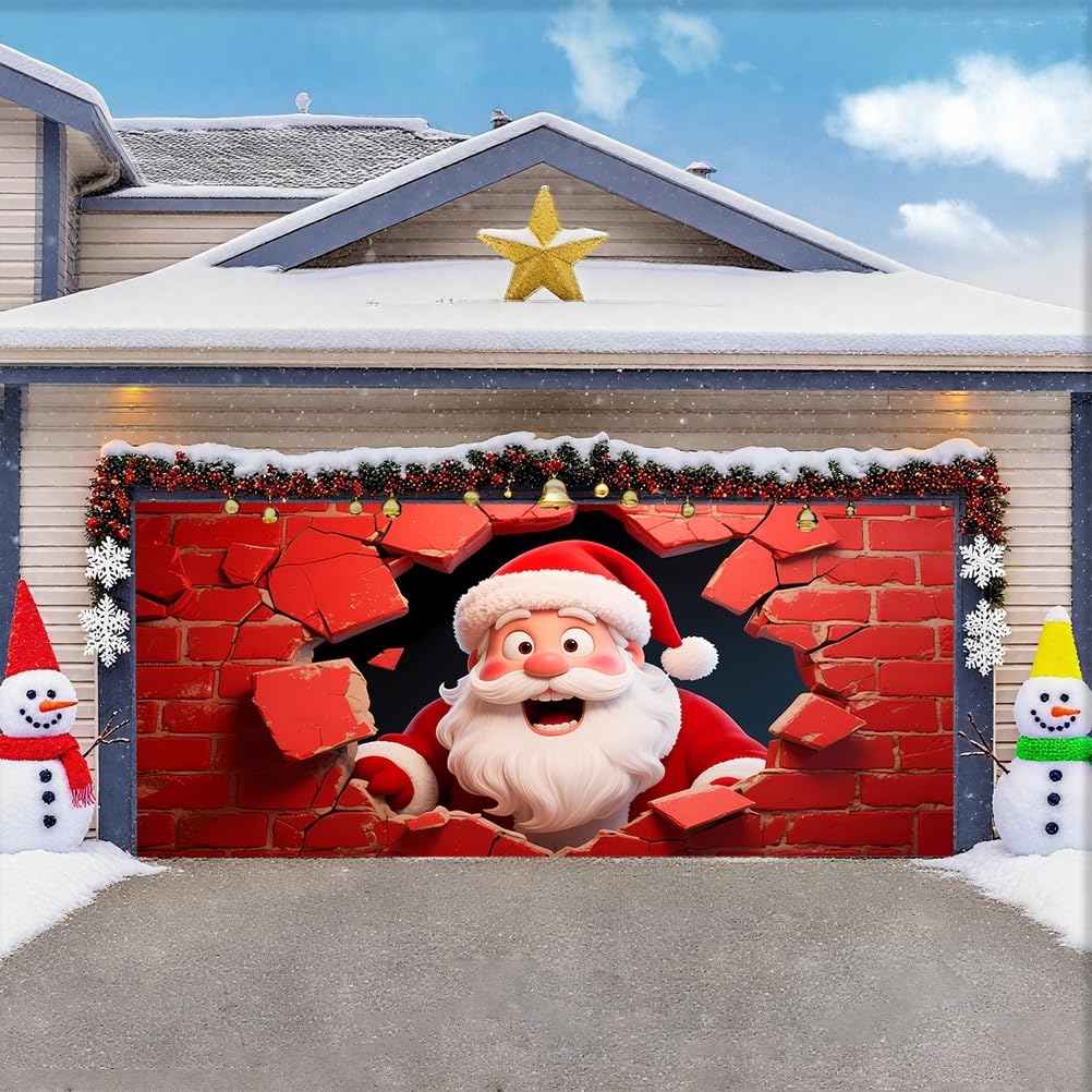 Zfflyh Wall Santa Claus B Christmas Garage Door Banner Cover Christmas Decorations Santa Claus Cover Garage Door Murals Large Xmas Backdrop Decoration For Indoor Outdoor,,13 * 6Ft