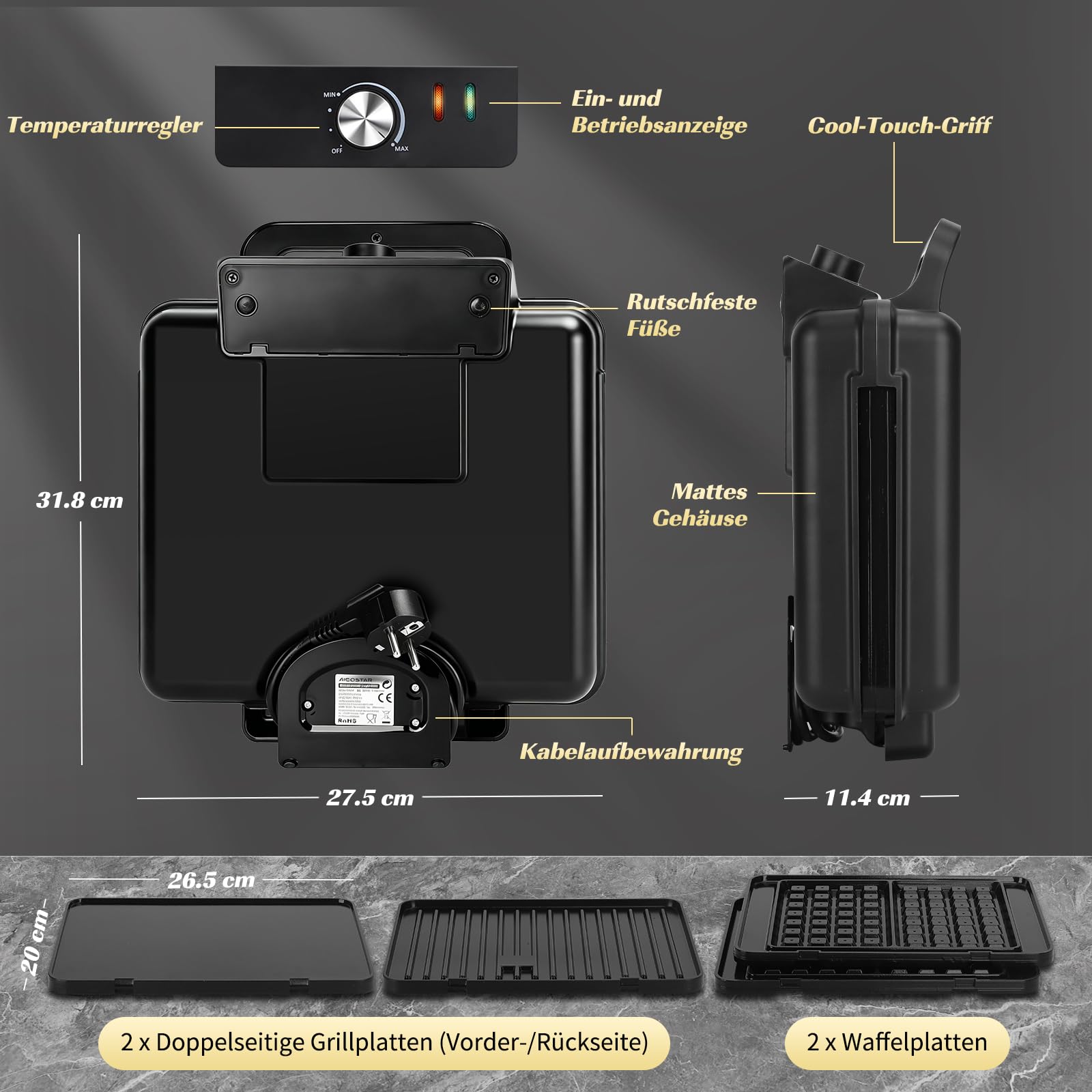 Aigostar Waffeleisen, Kontaktgrill & Sandwichmaker 3 in 1, XL, 1500 W | keramische Antihaftbeschichtung, einstellbare Temperatur, Multifunktionsgerät mit abnehmbaren Platten, BPA- und PFAS-frei