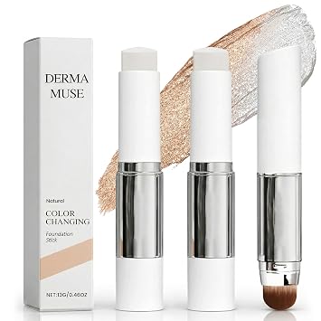 Korean Color Changing Foundation, 2 in 1 Color Changing Foundation Stick, Concealer Foundation Sticks for Dewy Skin, Dual-Ended with Detachable Brush, Natural 2PCS