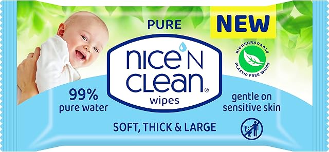 Nice 'N CLEAN - Pure Baby Wipes - Soft, Thick, Large, 99% Water Wipes with NatureComfy Fabric, Plastic-free, Biodegradable Wipes, Fragrance-Free (60 Wipes x 1 pack - 60 Wet Wipes)
