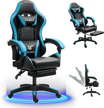 GTBoy Gaming Chair with Ottoman Included, Comfortable, Desk Chair, Office Chair, Chair, Telework, PC Gaming Chair, Computer Chair, Gaming Chair, Recliner, Comfortable, Ergonomic, Complete Functions, Height Adjustment Function Black x Blue