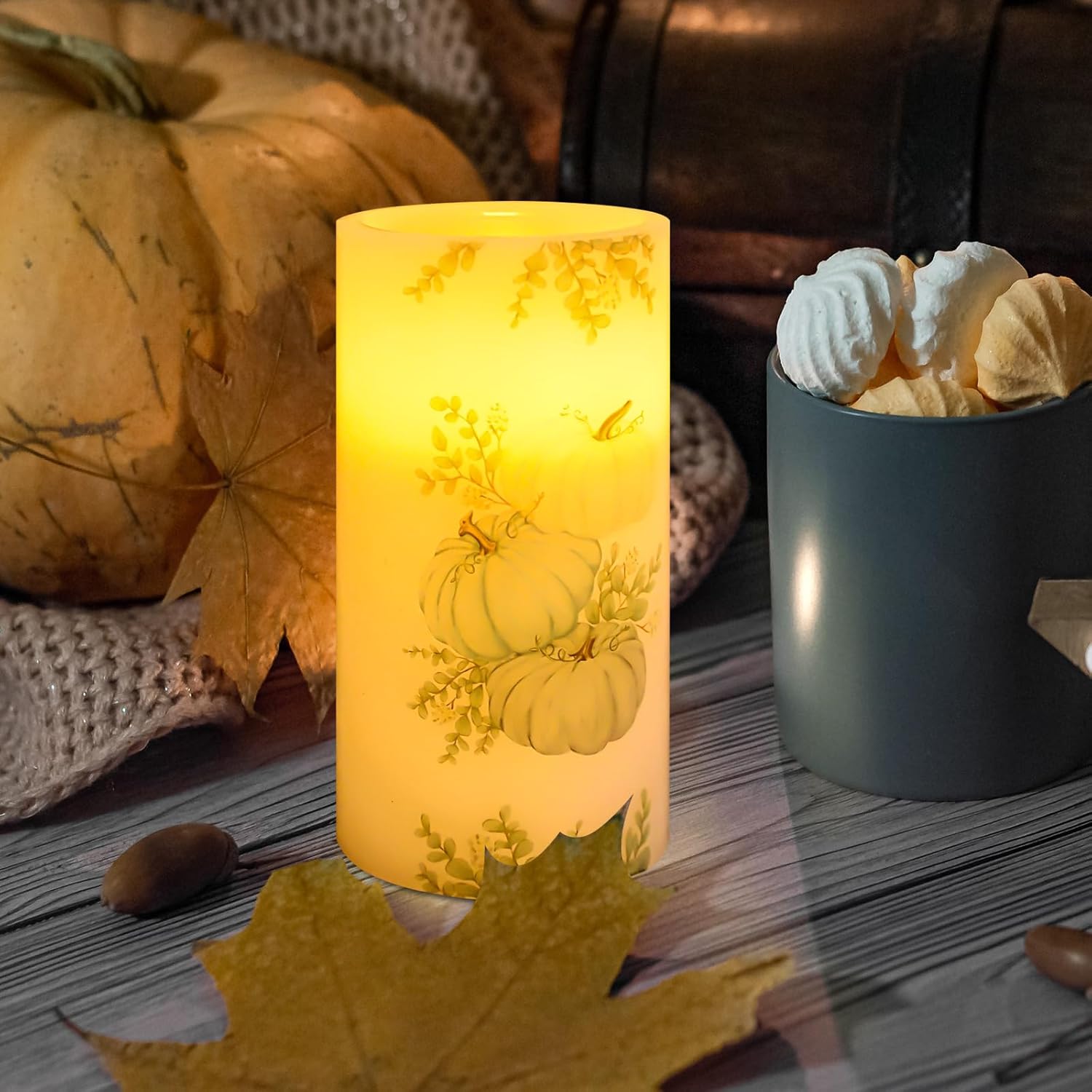 Whaline Fall LED Flameless Candles Blue Pumpkin Warm Light Battery Operated Pillar Candles Autumn Electric Flickering Candles for Thanksgiving Harvest Party Home Decor, Set of 3
