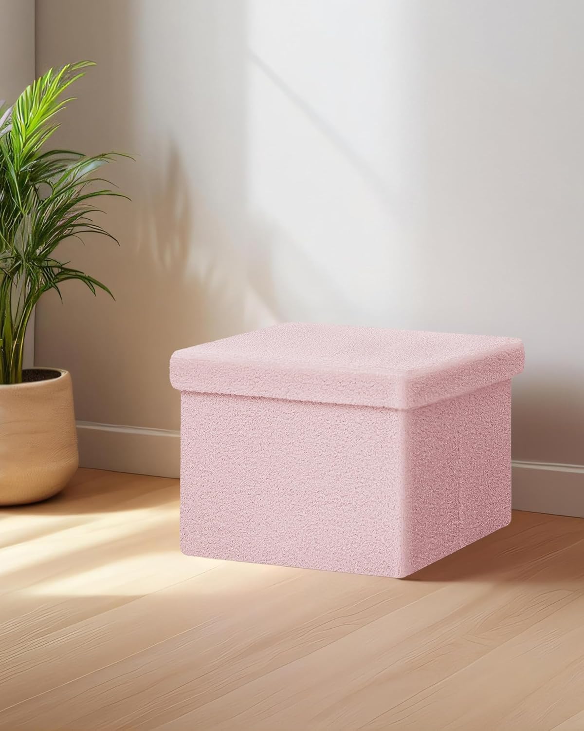 Small Ottoman with Storage, Sherpa Storage Ottoman Cube, Boucle Folding Foot Rest for Dorm, Living Room, Bedroom, Pink, 16.5"x12.6"x12.6" - Image 6