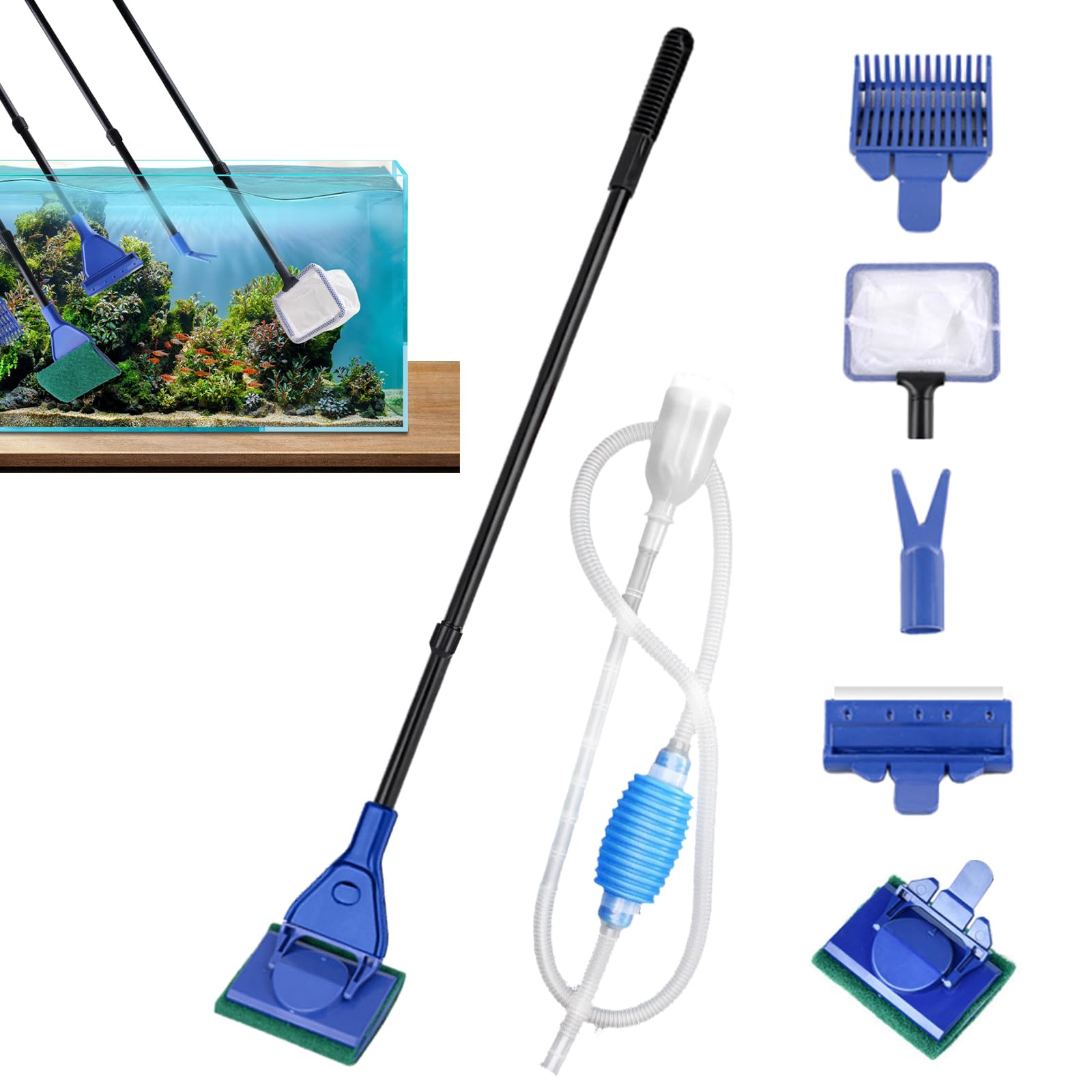 5 in 1 Fish Tank Cleaner Kit, Aquarium Cleaning Kit Fish Tank Cleaning Kit with Aquarium Syphon, Fish Tank Scraper, Spoon Net