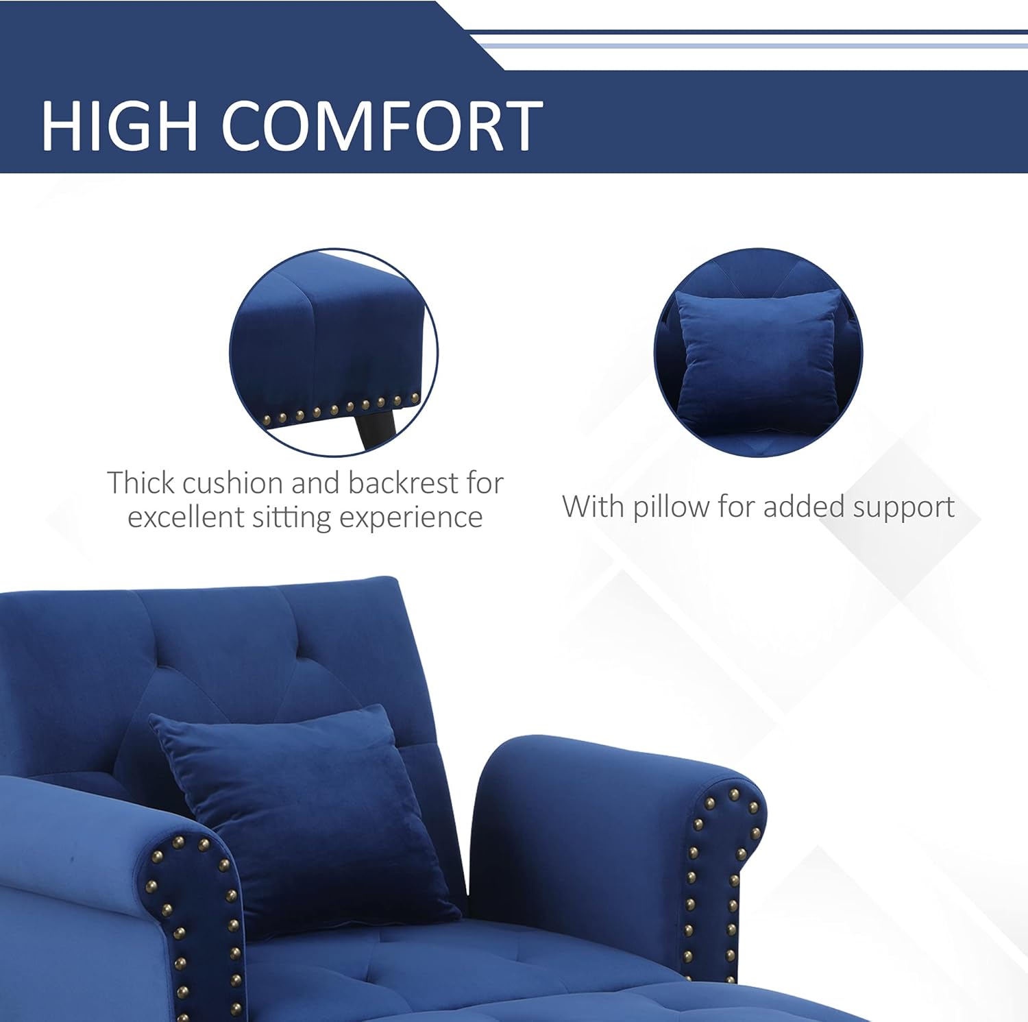 HOMCOM 2-in-1 Chaise Lounge Chair with Thick Padding Armrest, Adjustable Reclining Backrest, Velvet Touch Fabric, Pillowand Wooden Legs for Bedroom, Living Room, Blue : Home & Kitchen