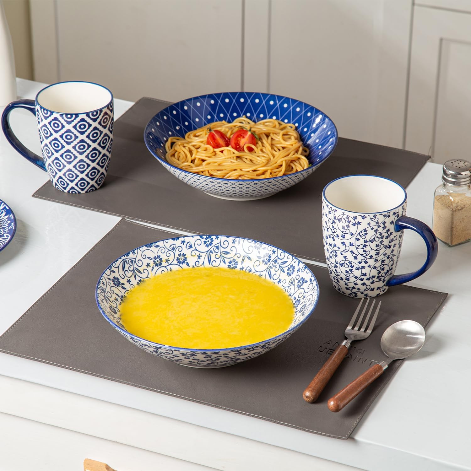 Ceramic Pasta Bowls Set - Large 40 Oz Porcelain Salad & Serving Bowls - 9.3 Inch Wide Bowls for Eating - Housewarming Wedding Gift - Oven & Dishwasher Safe - Set of 4 - Vintage Blue