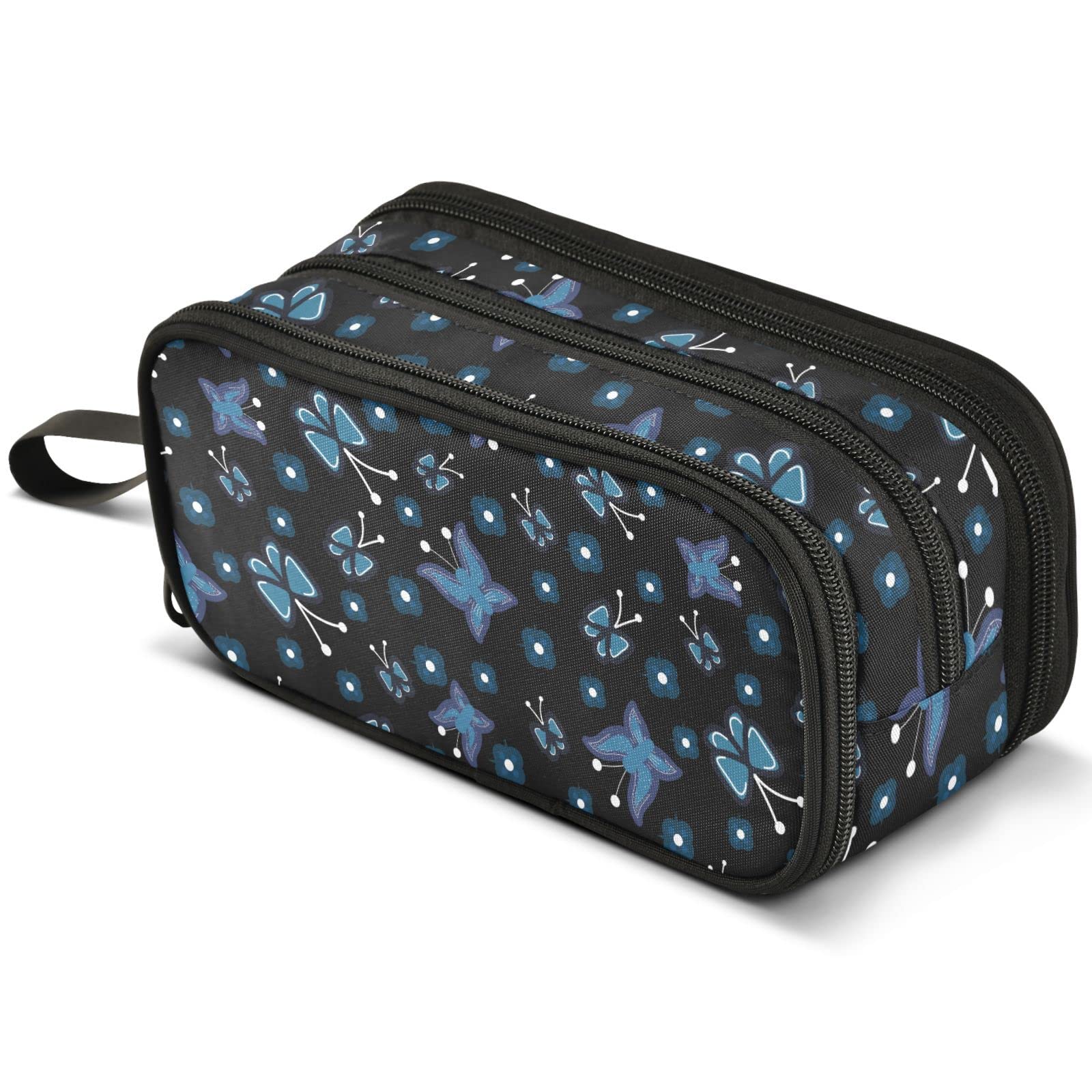 Mnsruu Blue Butterfly Black Pencil Case Large Capacity Pen Pouch Pencil Bag with 3 Compartments Pen Holder Organizer Stationery Bag for Girls Boys and Adults