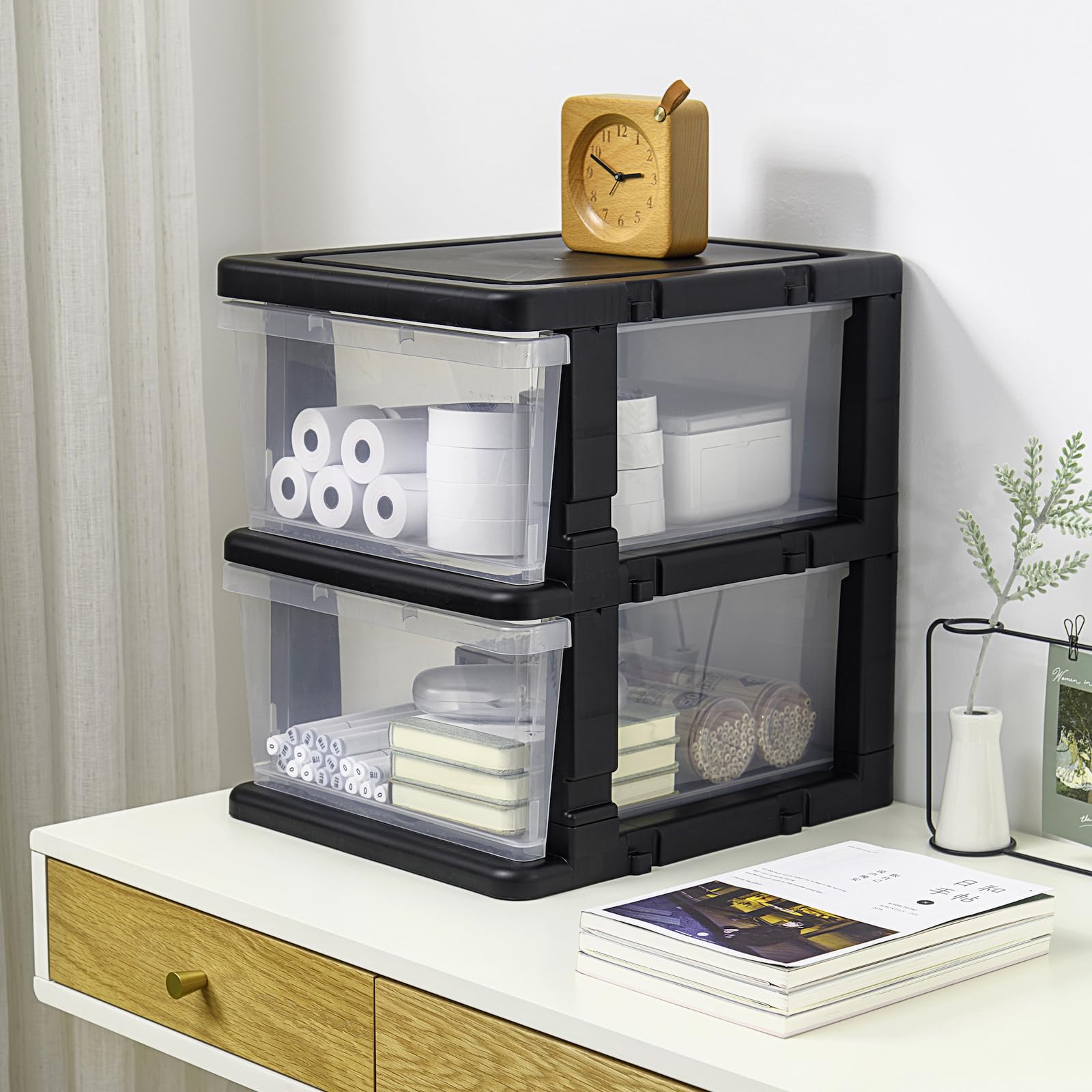 Cassettiera In Plastica Con 3 Cassetti E Ruote Bloccabili – Organizzazione Casa E Ufficio – Montaggio Modulare, Colori Misti – Trasparente/nero
