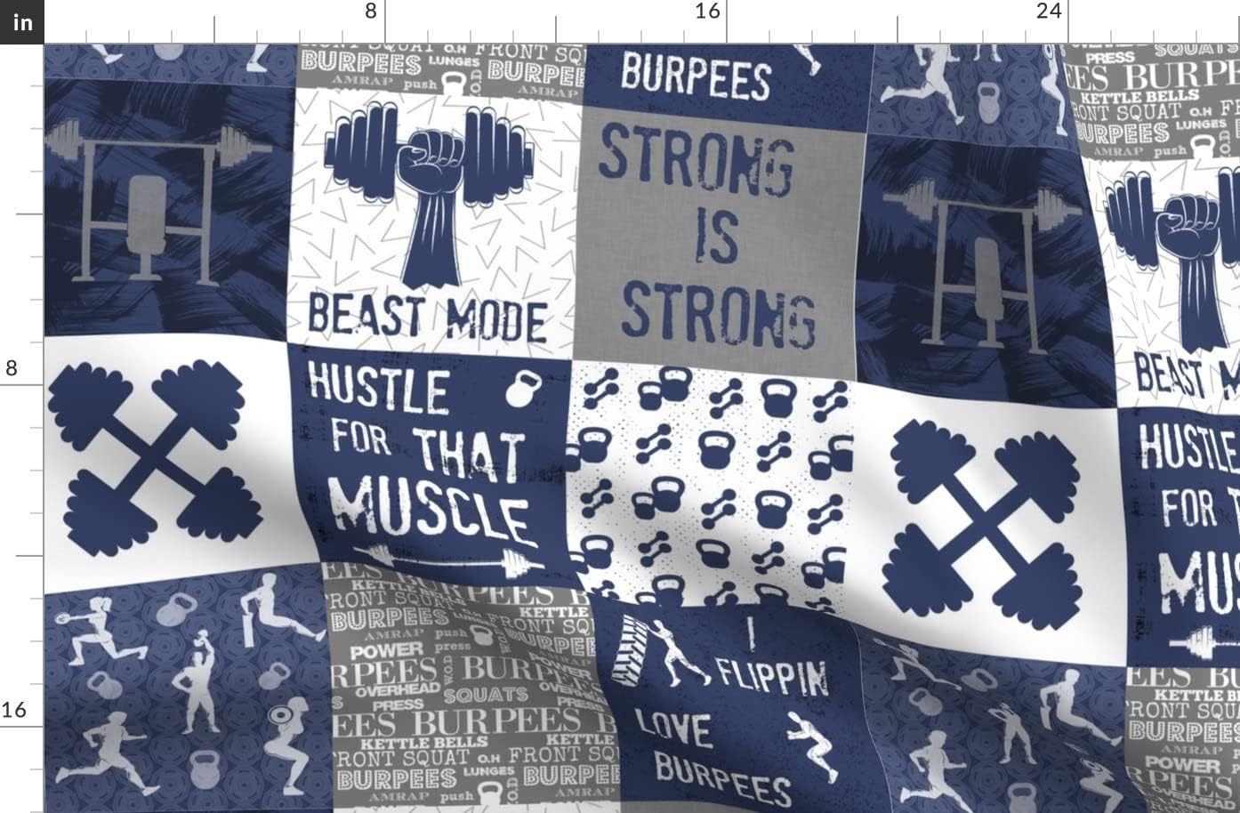 Spoonflower Fabric - Navy Cheater Quilt Inch Squares Gym Fitness Bell Exercise Athlete Printed on Organic Cotton Sateen Fabric by The Yard - Sewing Quilting Apparel Home Decor