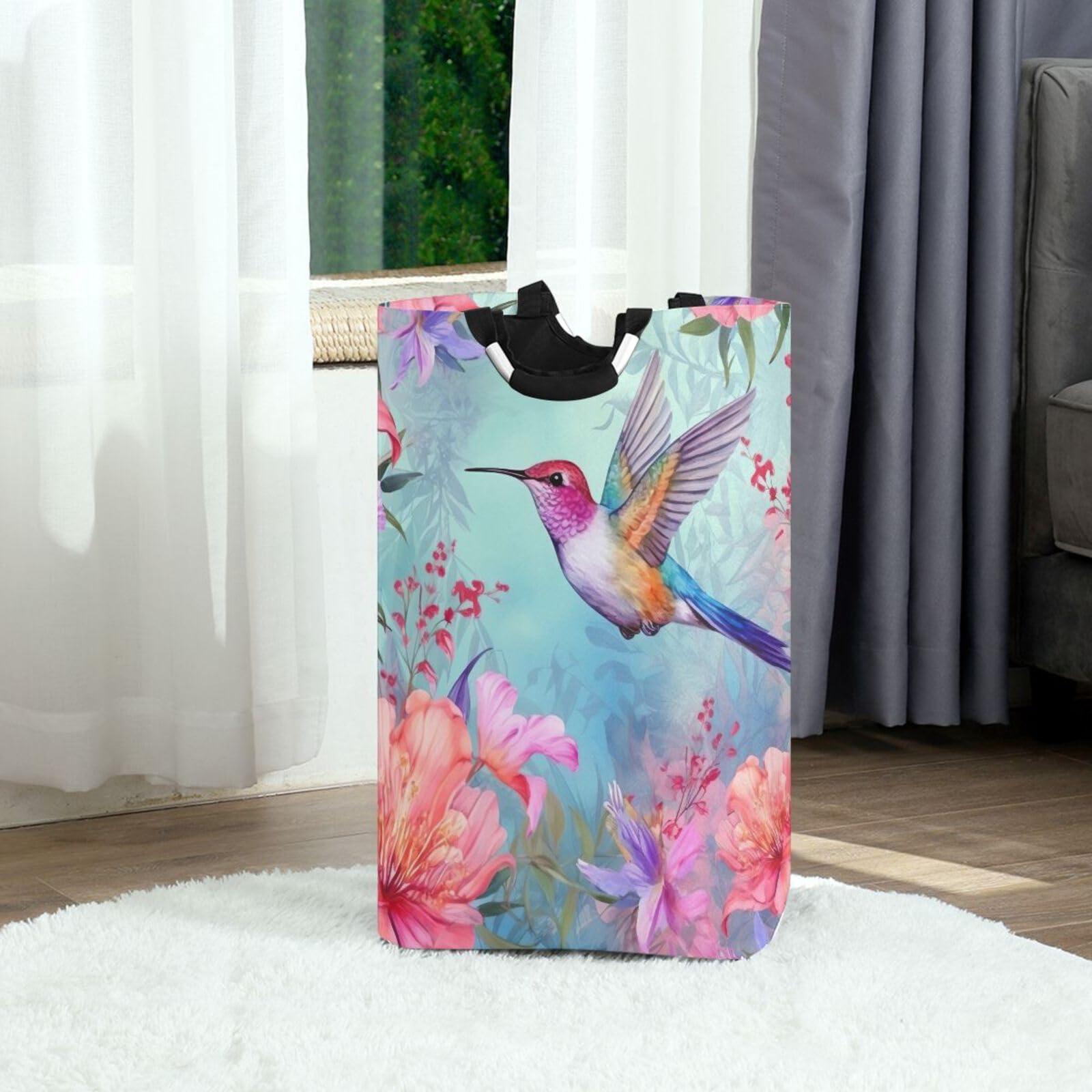 Jihqo Laundry Hamper Basket Watercolor Floral Hummingbirds Collapsible Nursery Storage Bin Waterproof Clothing Baskets for Home Bedroom Bathroom Washing Room