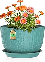 WSMKSZ 12 Inch Water Ripple Plant Pots with Drainage Holes & Saucer - Large Durable Plastic Planters for Indoor Outdoor Plants (Blue Green)
