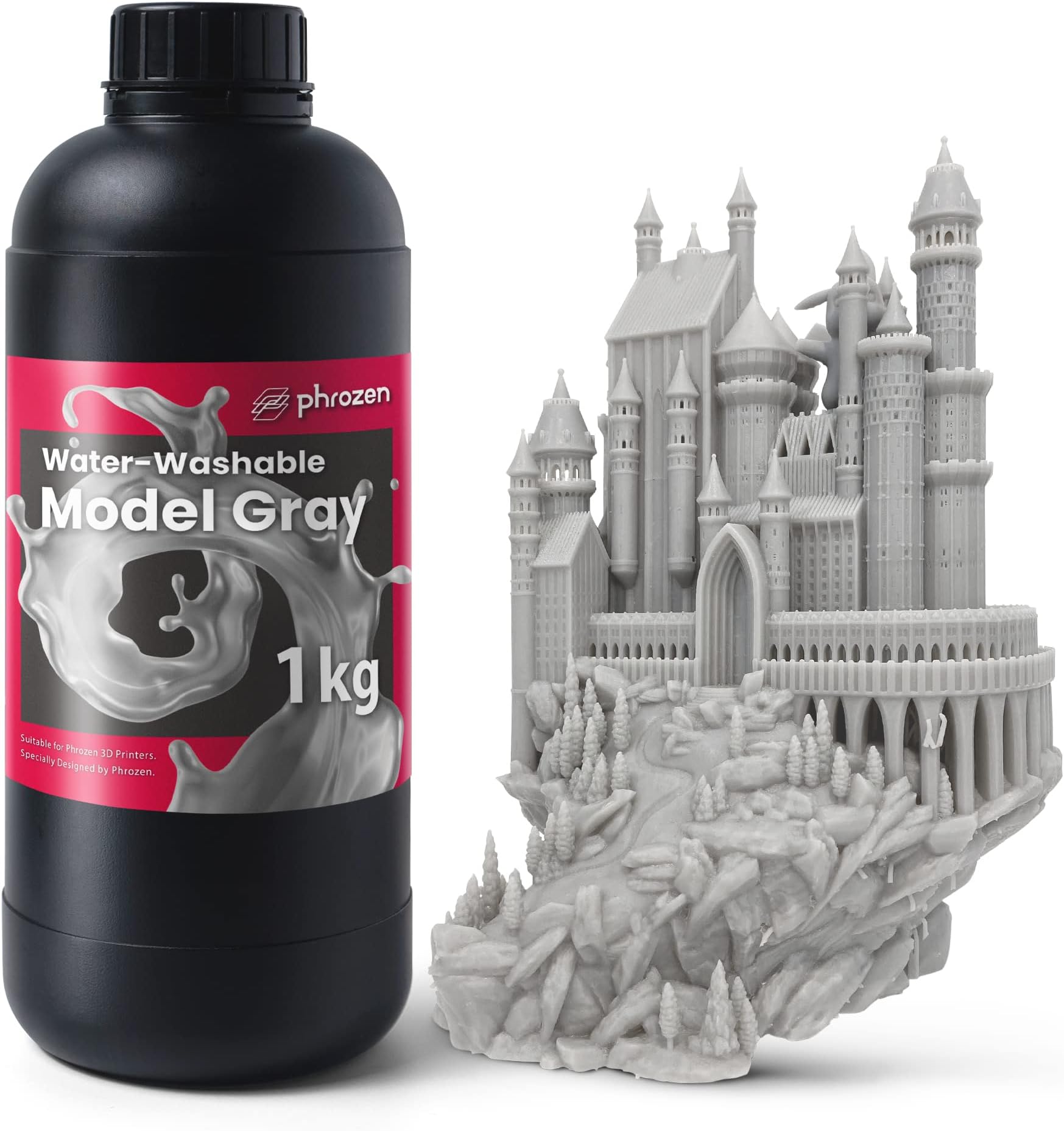 3D Printer Water-Washable Rapid Resin, Model Gray 405nm LCD UV-Curing Photopolymer Resin for High Precision Printing, Low Odor, Non-Brittle, Easy to Print, Easy to Clean and Cure (1KG)