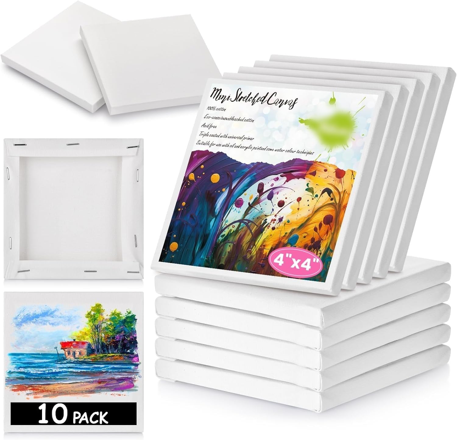Odluzy Mini Stretched Canvas 10Pack 4 x 4inch, Profile Art Primed Canvases for Painting, 100% Cotton Small Professional Stretched Canvas for Kids and Art Supplies, for Acrylics, Oils & Other Painting