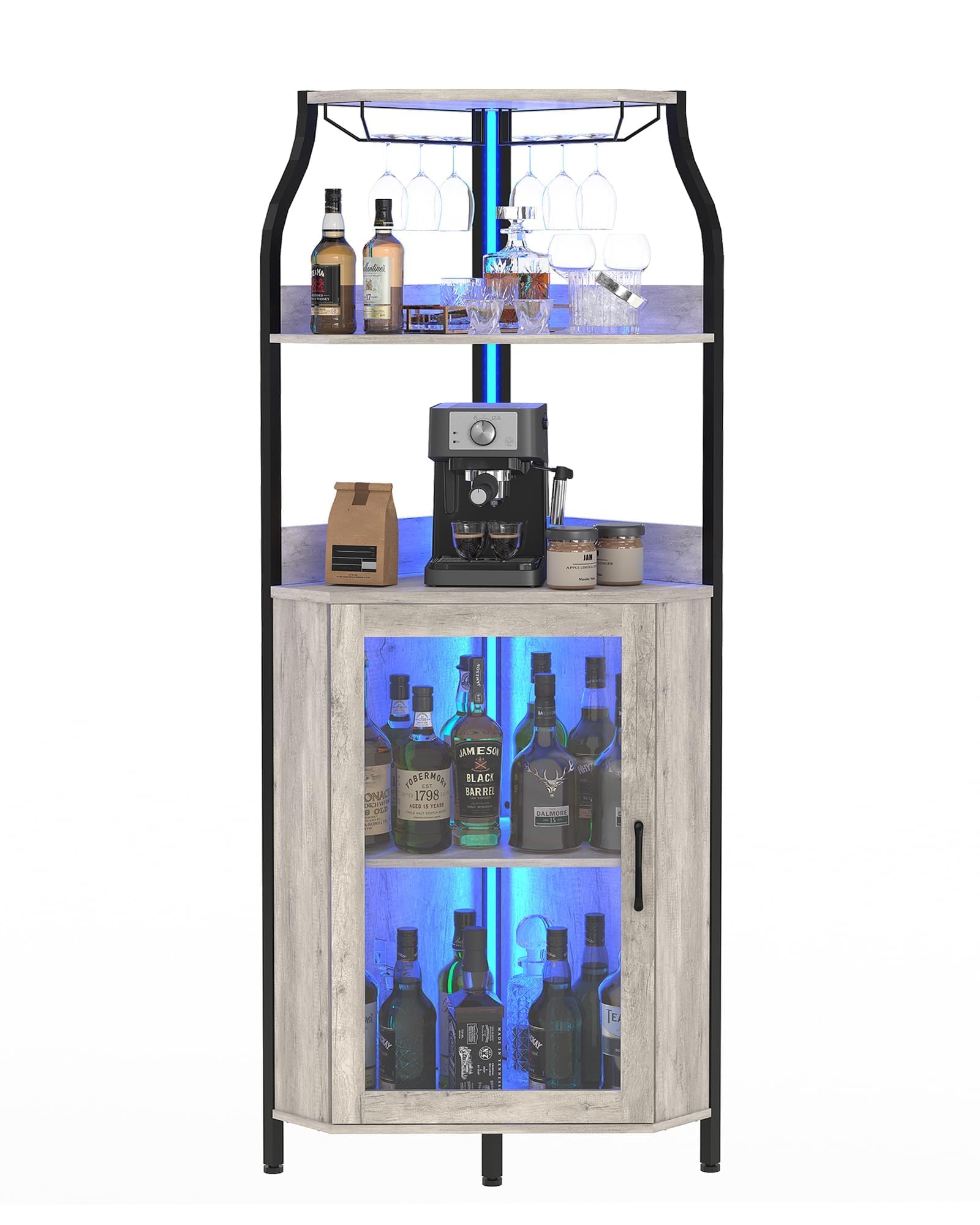 IDEALHOUSE Mueble bar curvo moderno de MDF con vitrina y puerta de vidrio, estantes ajustables, soporte para botellas y copas, iluminación LED, fácil de limpiar, compacto para salón/comedor - Color DE