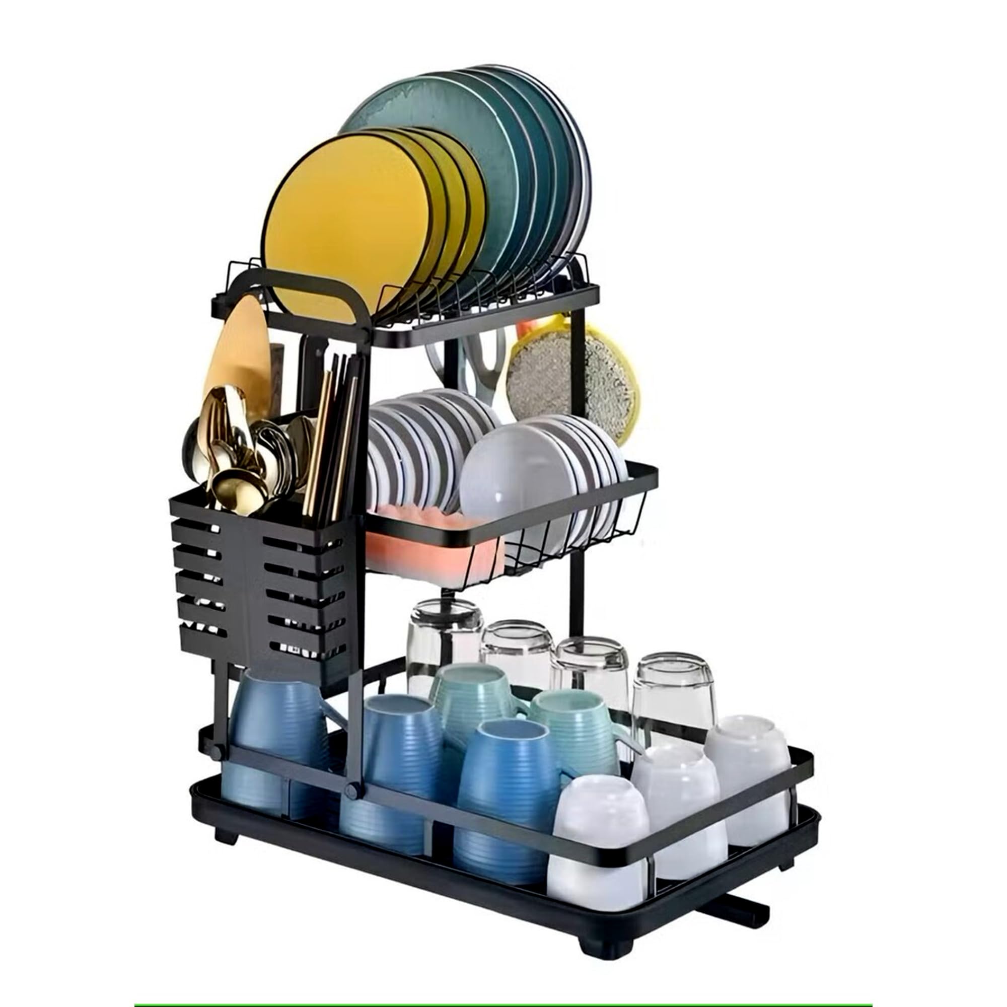 Reko 2 Tier Dish Drying Rack, Dish Rack with Utensil Holder and Water Tray Dish Drainer for Kitchen Holder, Large Rust-Proof Storage Organizer with Adjustable Water Outlet for Kitchen Counter