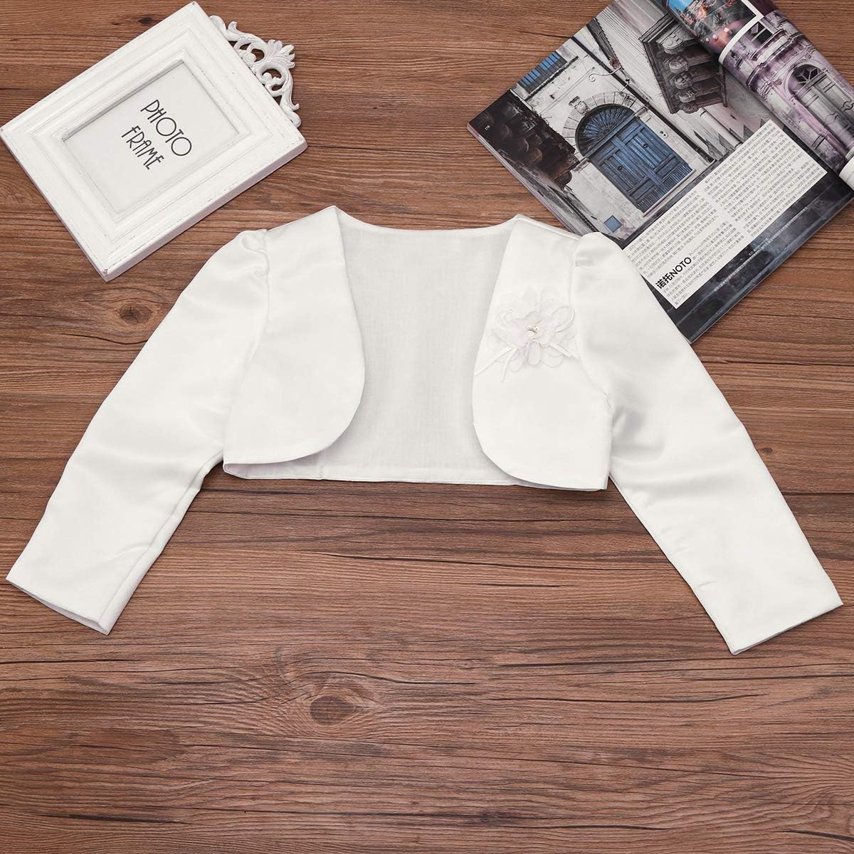 iiniim Kids Girls Long Sleeve Beaded Satin Bolero Shrug Jacket with Flower Short Cardigan Wedding Bridesmaid Cover up