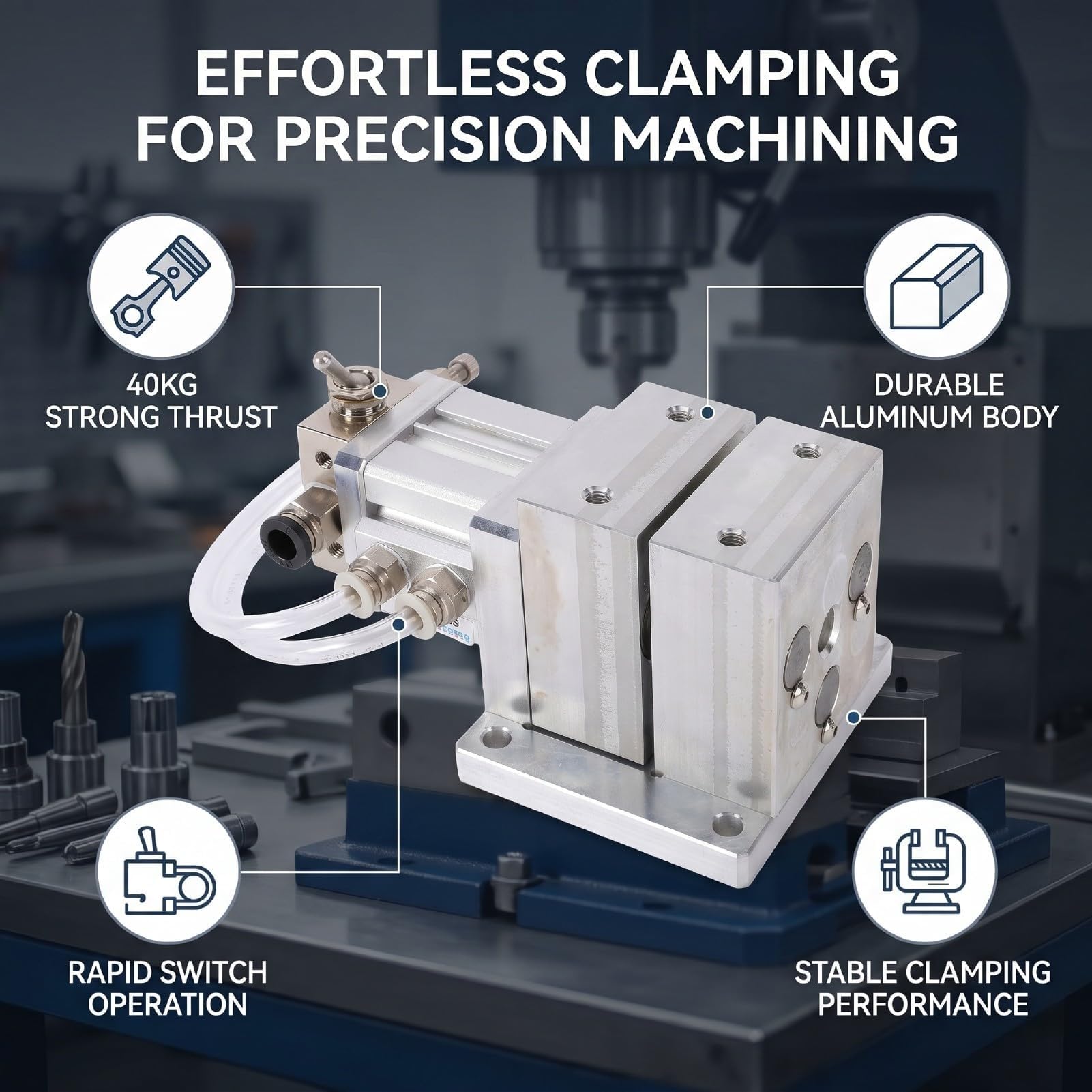 Sujeción CNC, Herramienta De Sujeción Neumática Rápida | Accesorio Mordaza Máquina, 3mm, Operación Neumática Estable, Fuerza Sujeción 40kg, Para Fresado De Banco