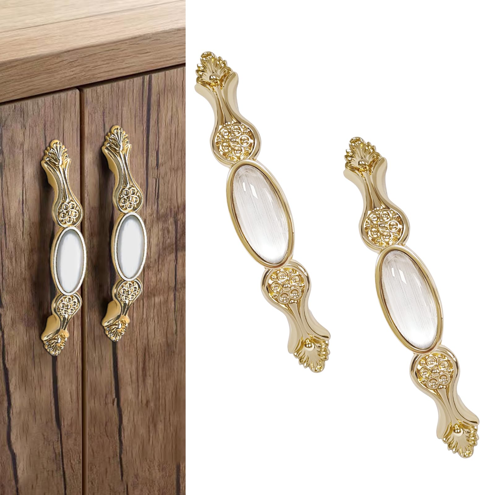 Elistonie 2 Pack Kitchen Door Handles, Vintage Style Cabinet 96mm Hole Center Gold With Art Pattern