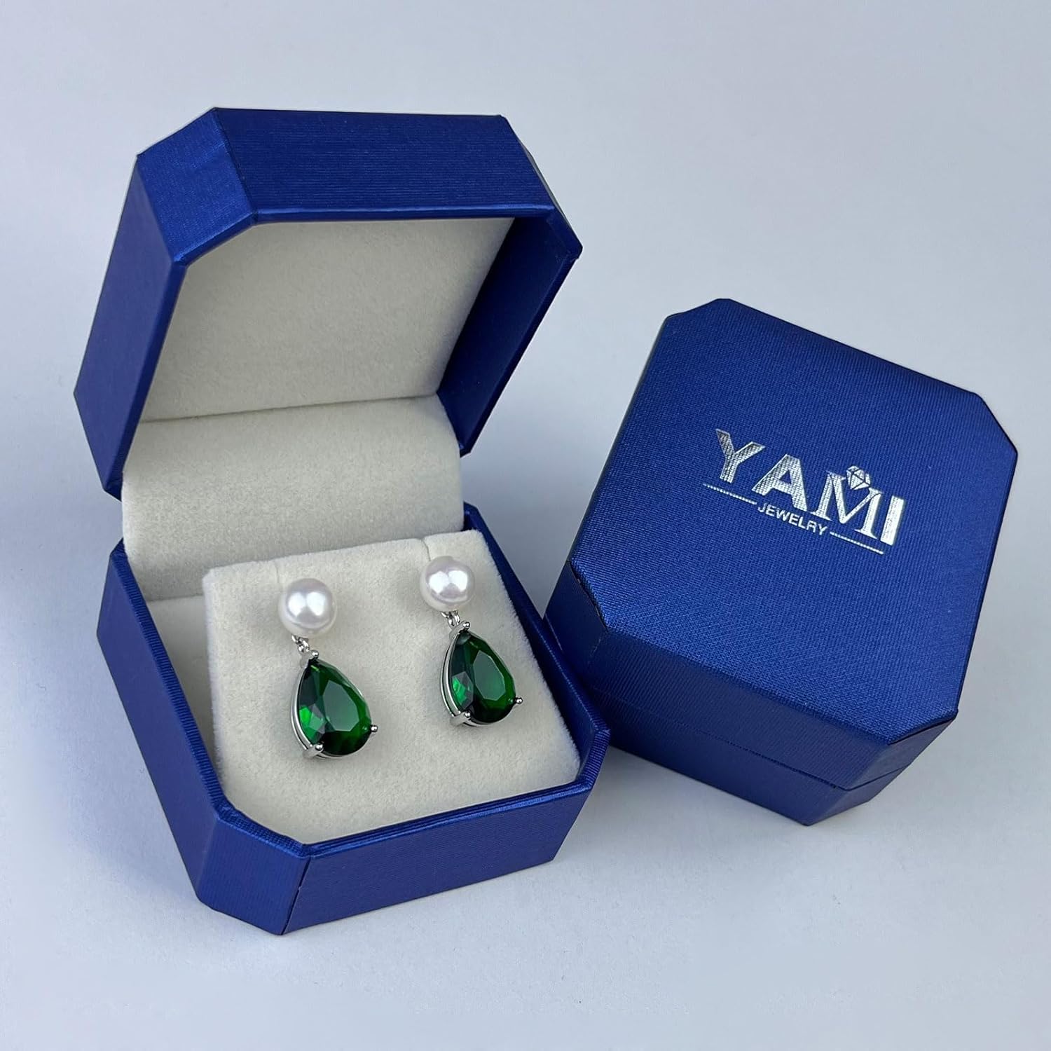 YAMI Pearl Earrings for Women, 925 Sterling Silver Studs 10 * 14mm Pear Shaped Colored Zircon Birthstone Drop Dangle Earrings, 8-8.5MM Freshwater Cultured Pearl Jewelry Gifts