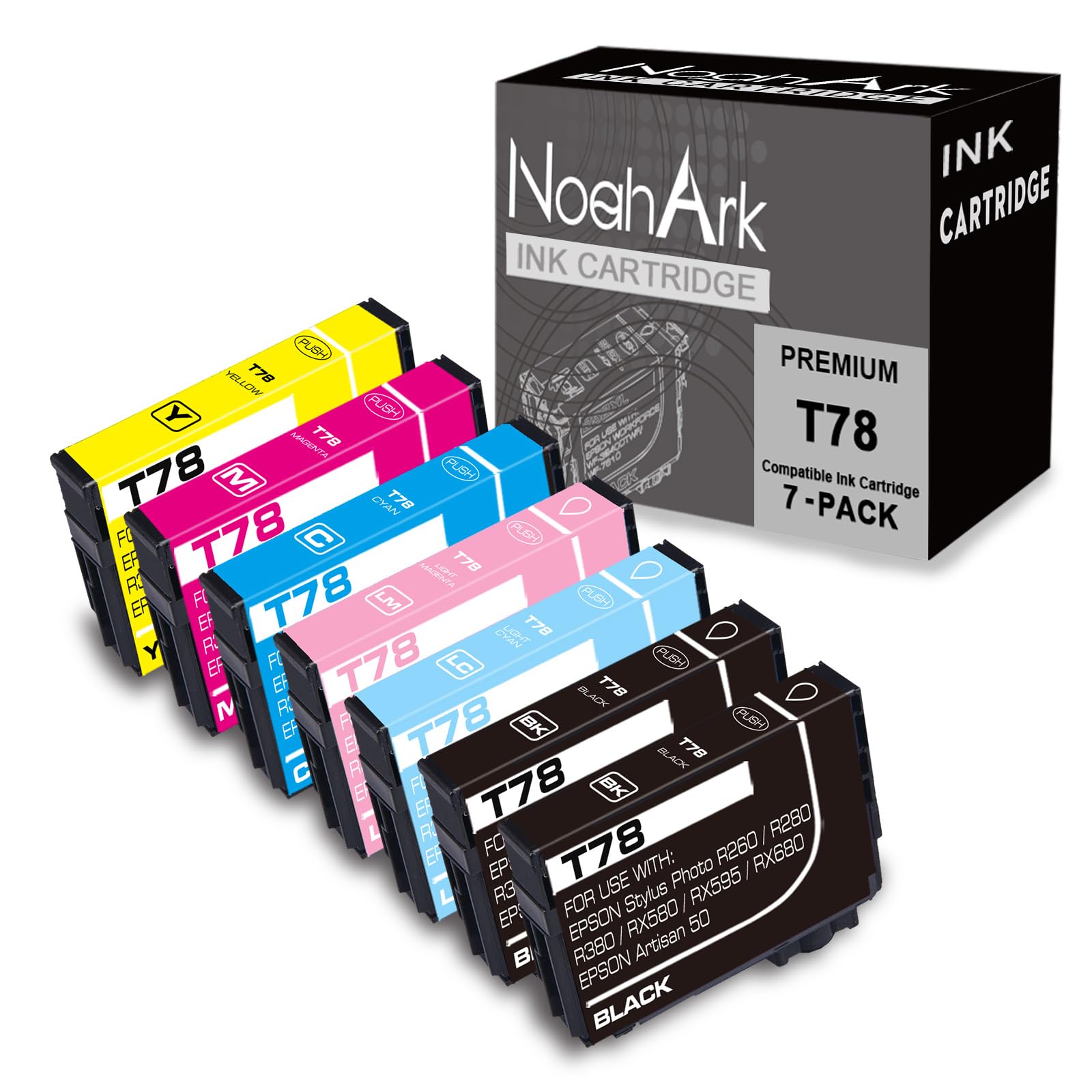 Photo 1 of NoahArk 7 Packs T078 Remanufactured Ink Cartridges Replacement for Epson 78 use for Stylus Photo R260 R280 R380 RX580 RX595 RX680 Printer(2Black,1 Cyan,1 Magenta,1 Yellow,1 Light Cyan,1 Light Magenta)