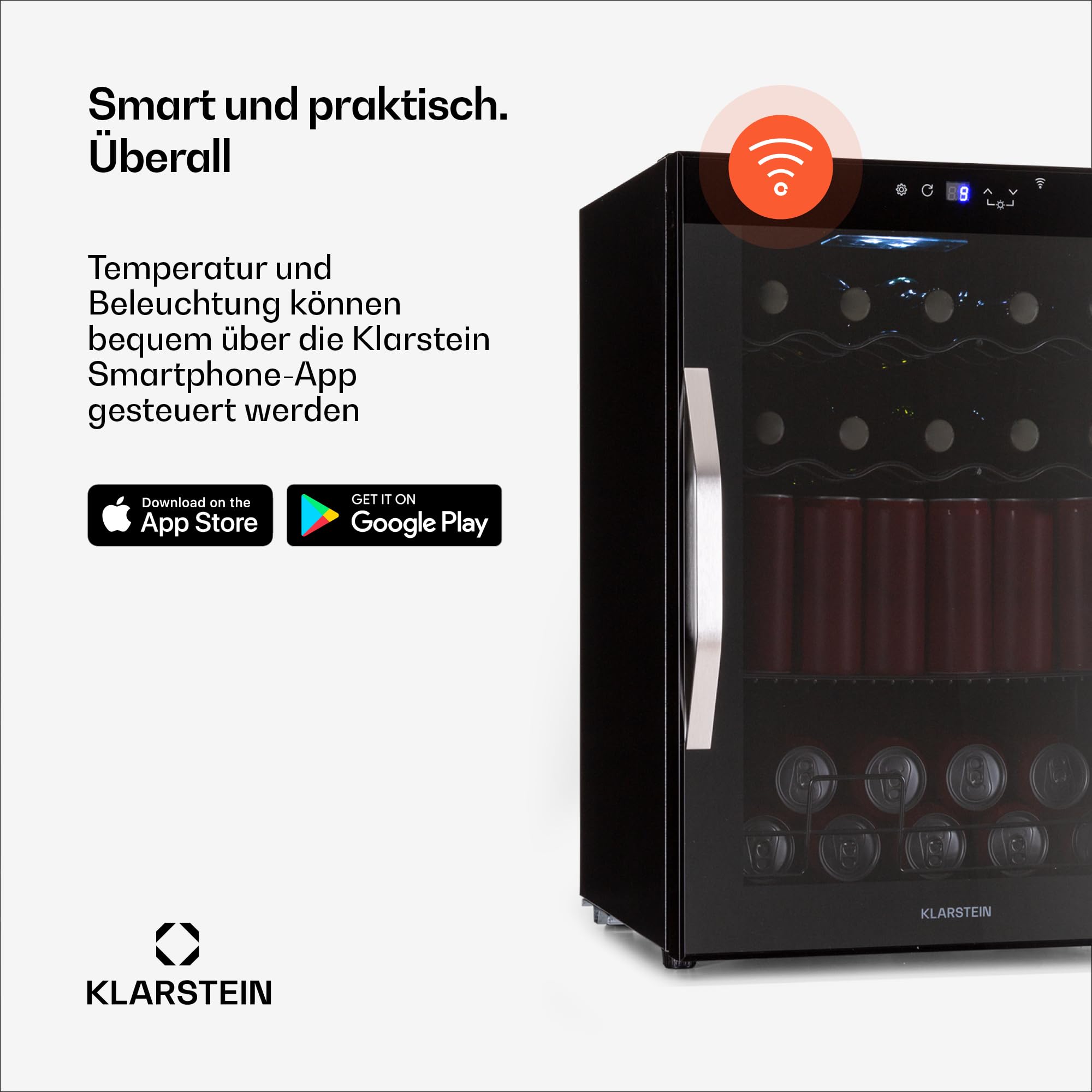 Klarstein Coachella 60 Getränkekühlschrank - 60 L Getränkekühler mit WLAN, Glastür, LED-Beleuchtung, 3-18 °C, 3 Metallablagen, Balanced Light, Energieeffizienz E, Schwarz
